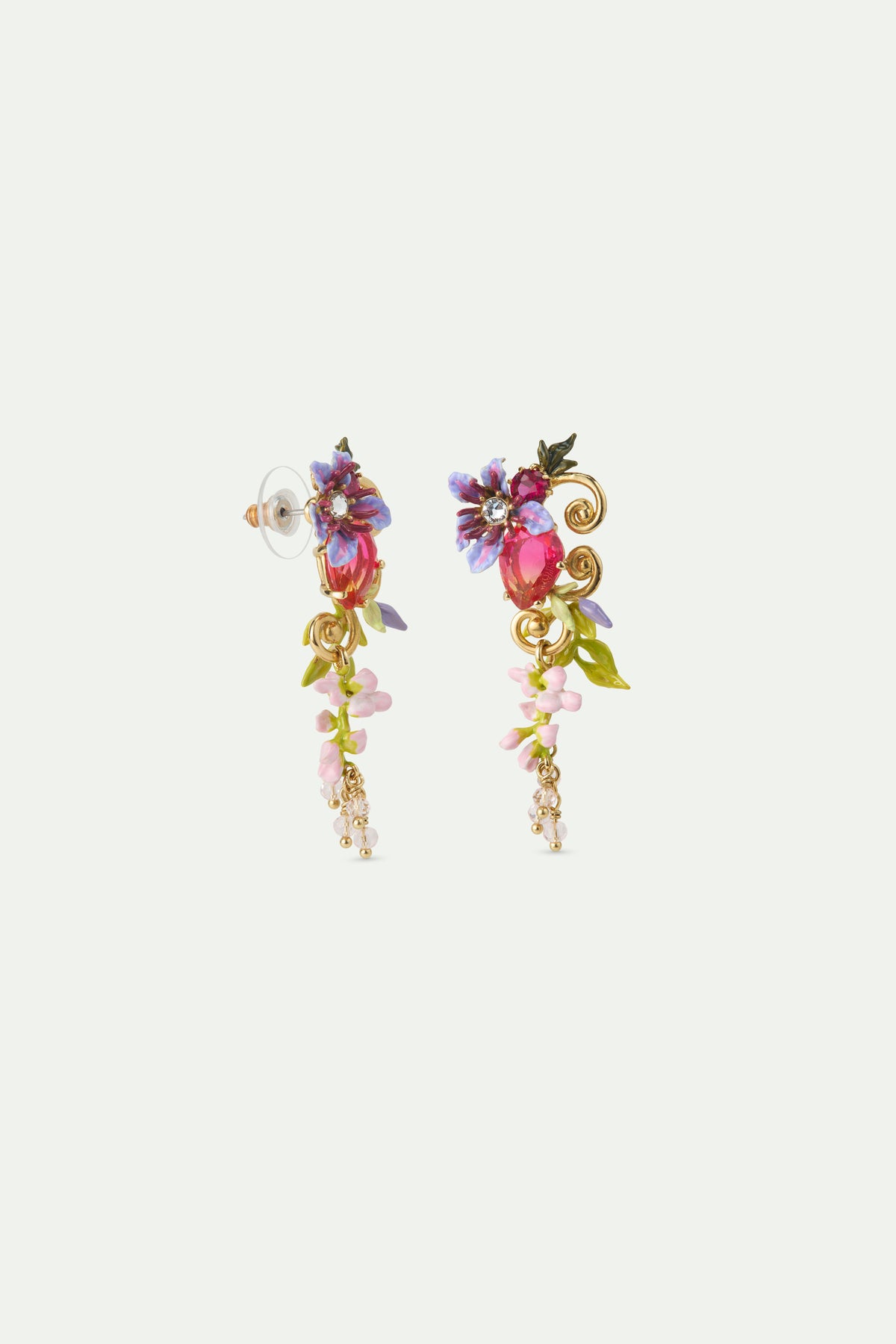 Boucles d'oreilles pendantes pierre rose, fleurs et glycine sur arabesque dorée
