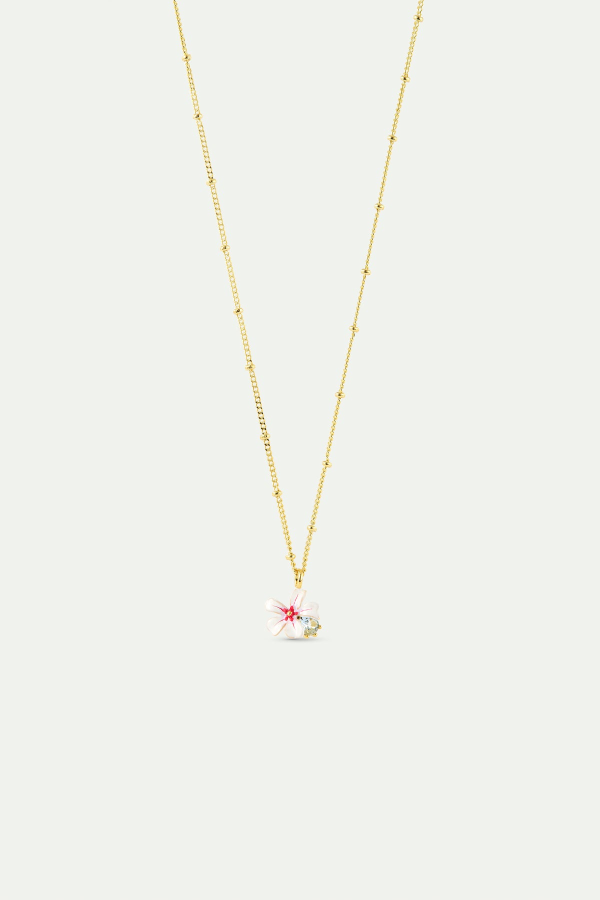 Collier pendentif aubépine blanche et rose et cristal bleu