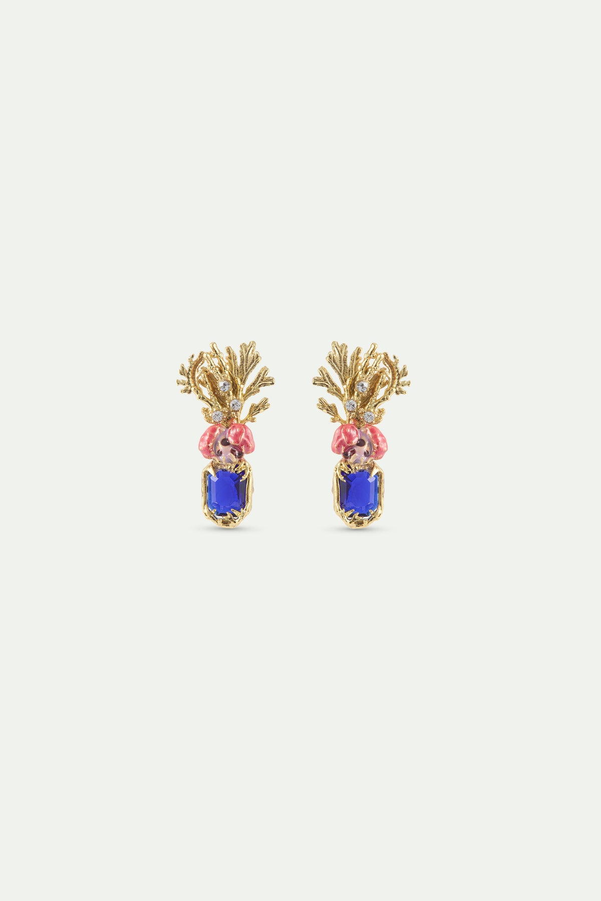 Boucles d'oreilles coraux pierre facettée bleue, fleur rose et coraux dorés