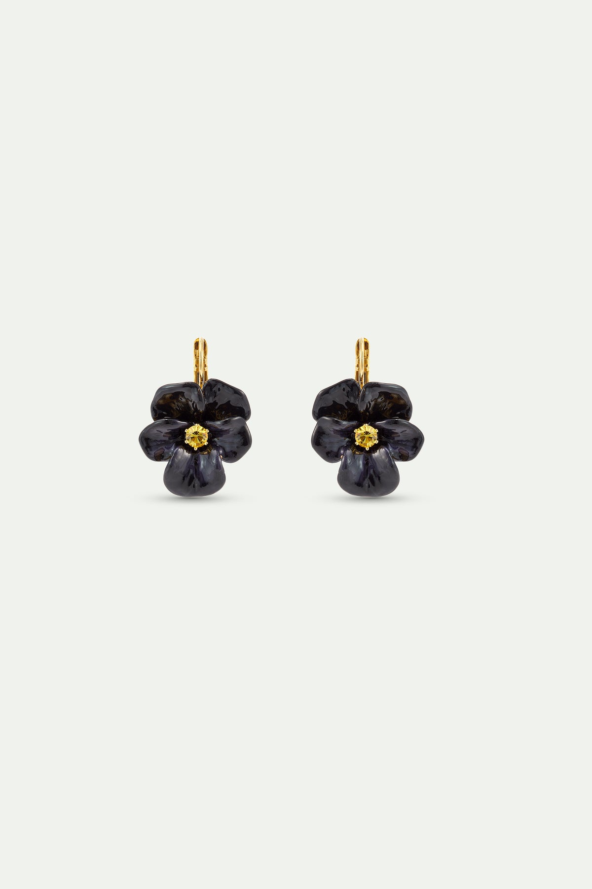 Black pansy and faceted crystal sleeper earrings