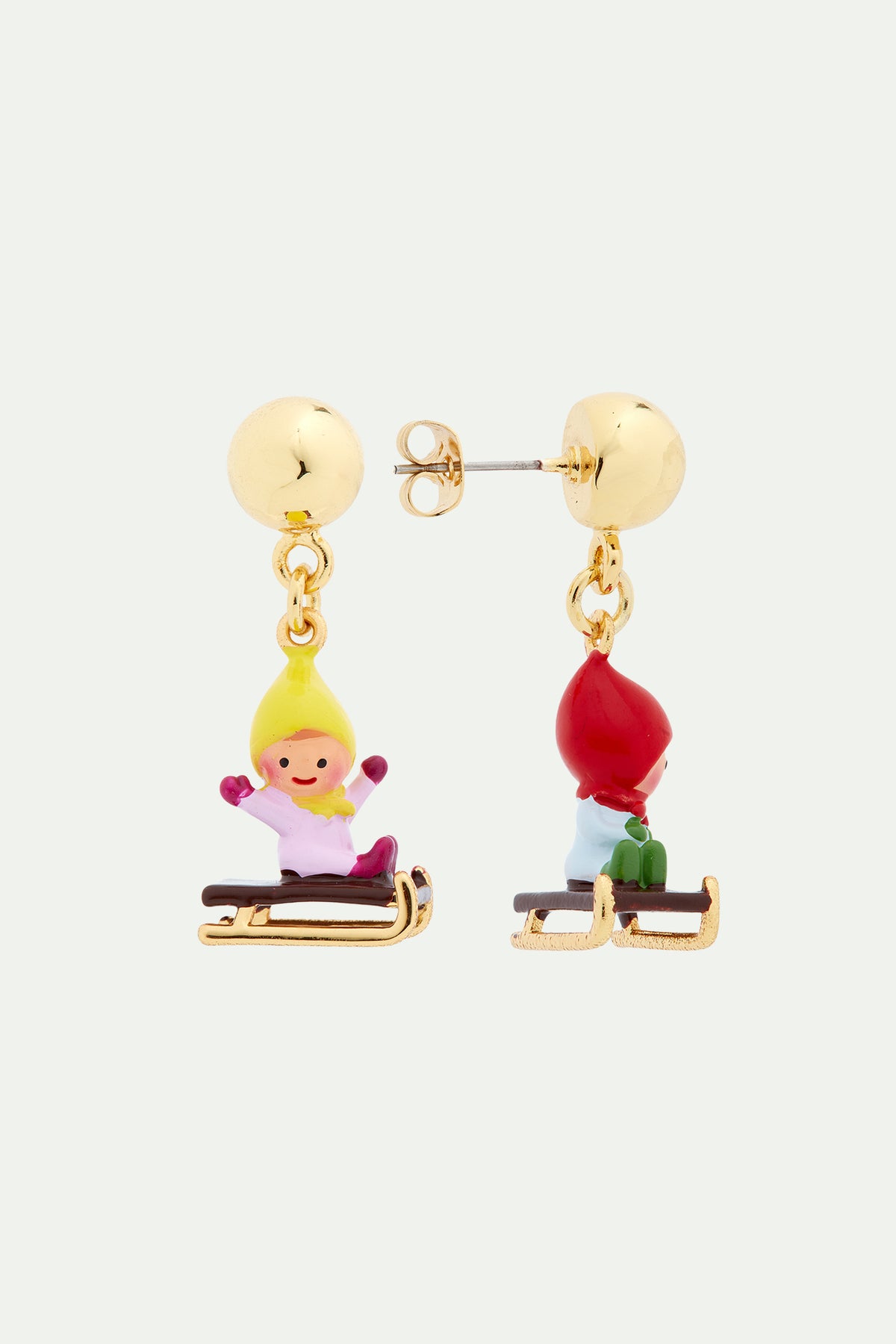 Sledging young garden gnome clip-on earrings