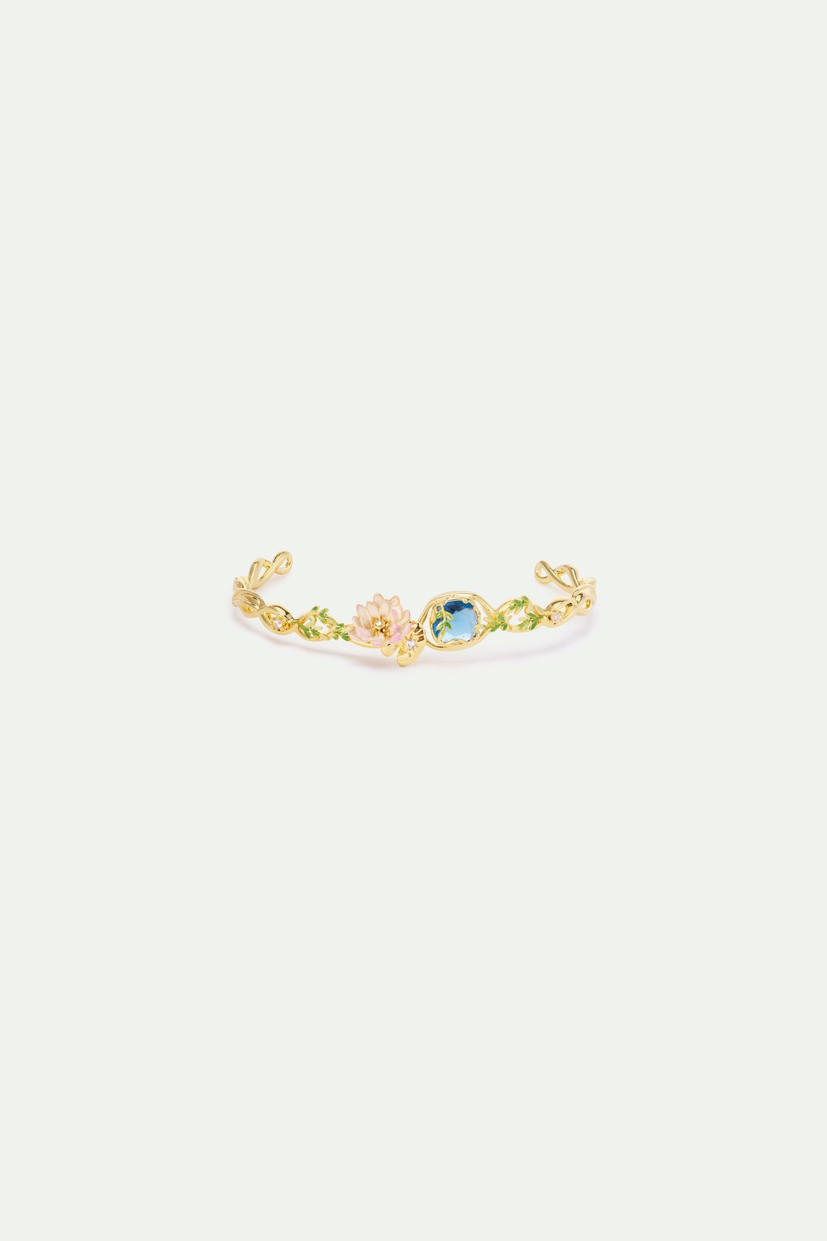 Bracelet jonc nymphéa rose et pierre ronde bleue