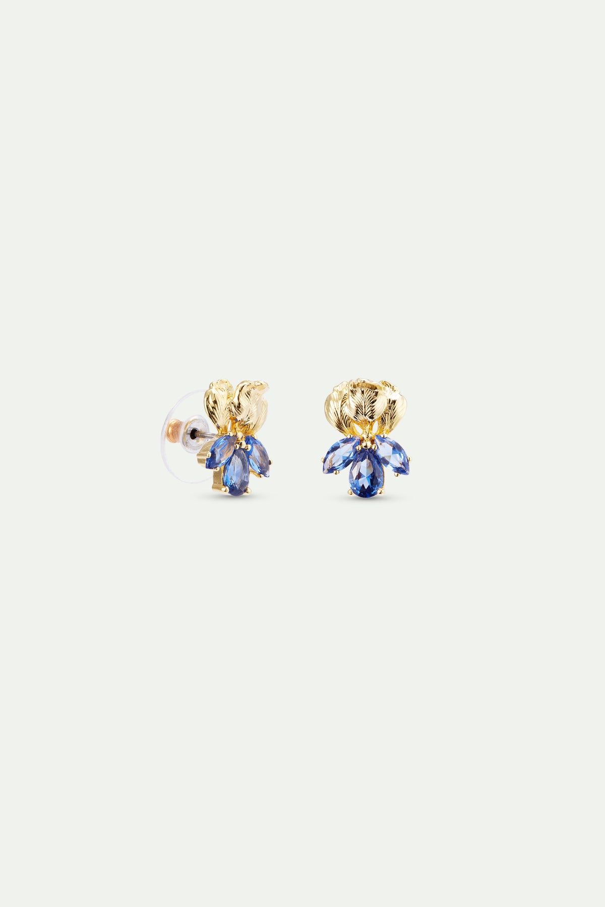 Boucles d'oreilles tiges dorées iris et pierres bleues
