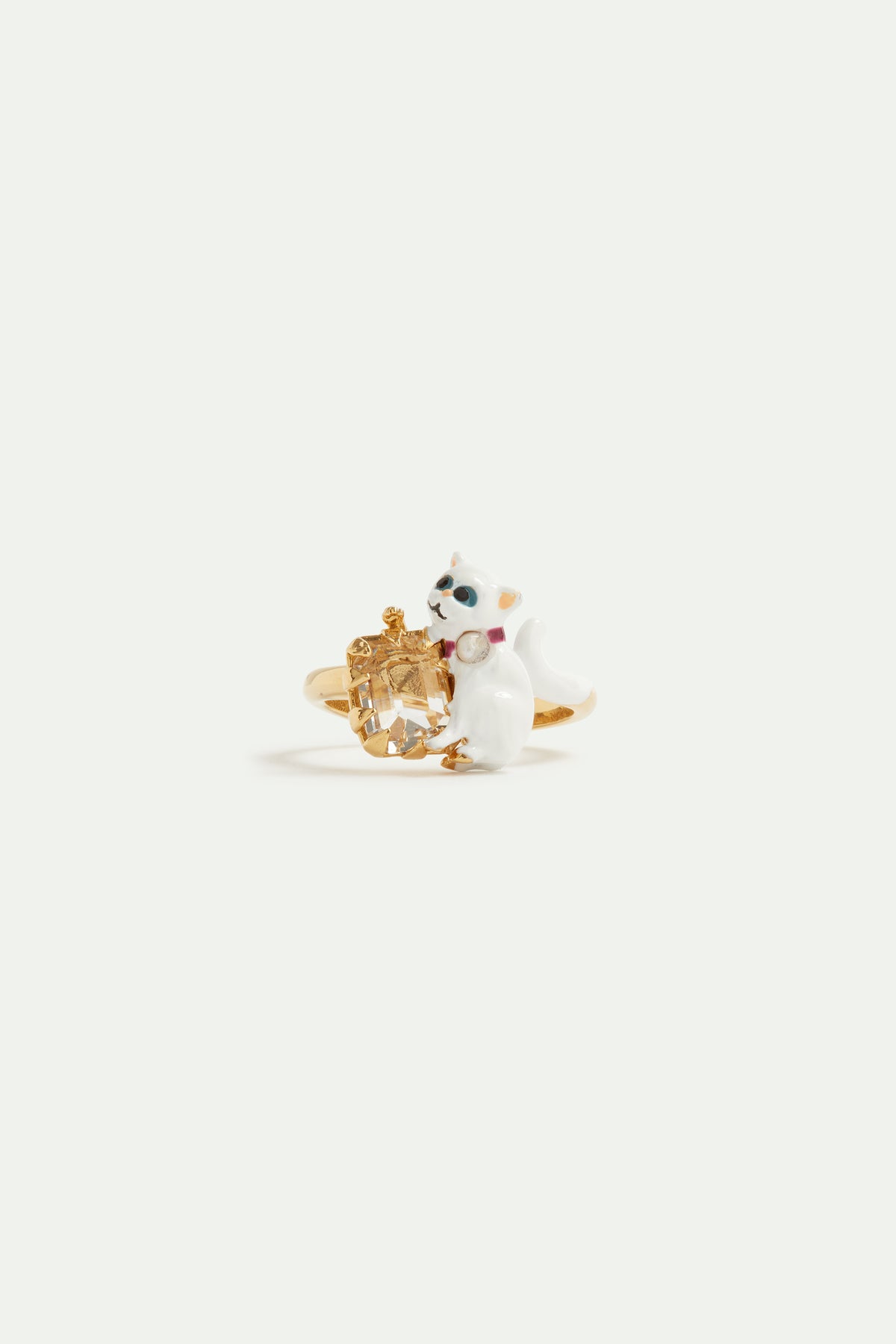Bague ajustable chat blanc et pierre facettée blanche
