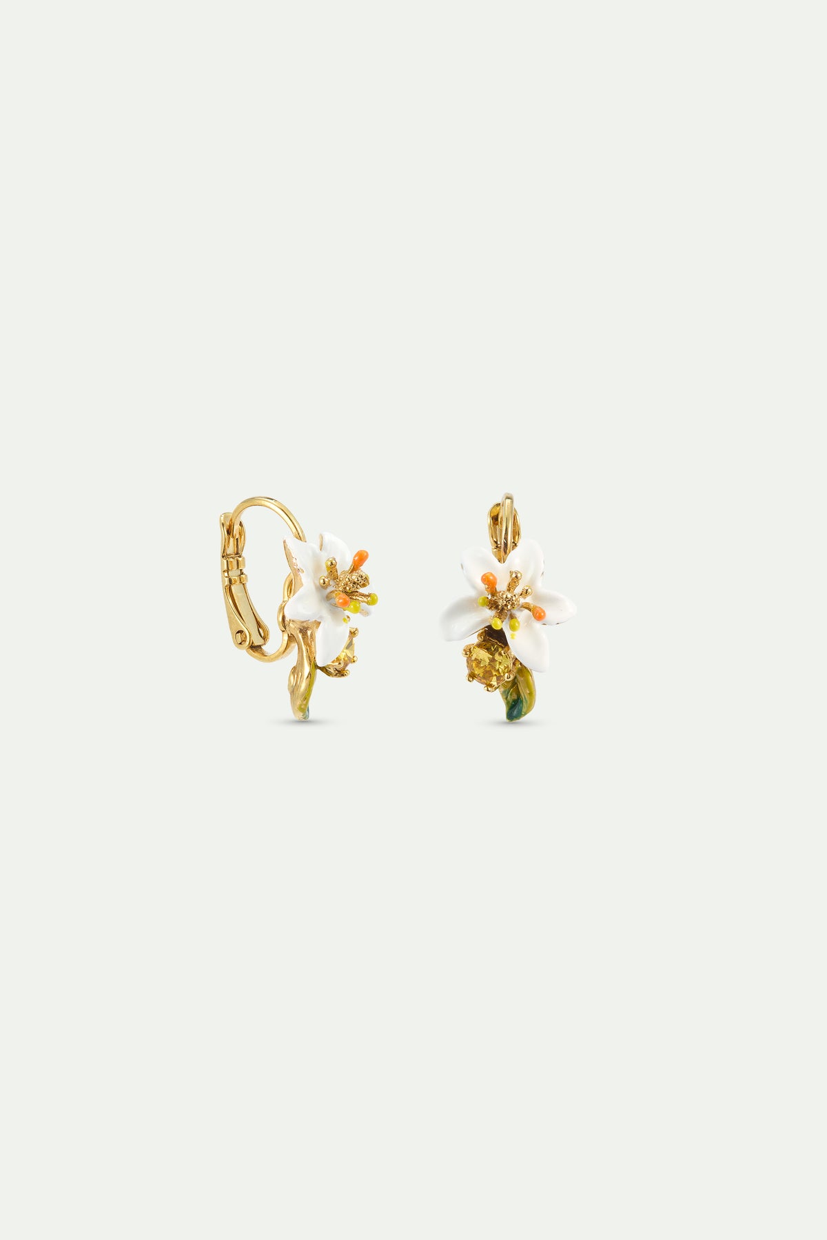 Boucles d'oreilles dormeuses fleur d'oranger et pierre jaune
