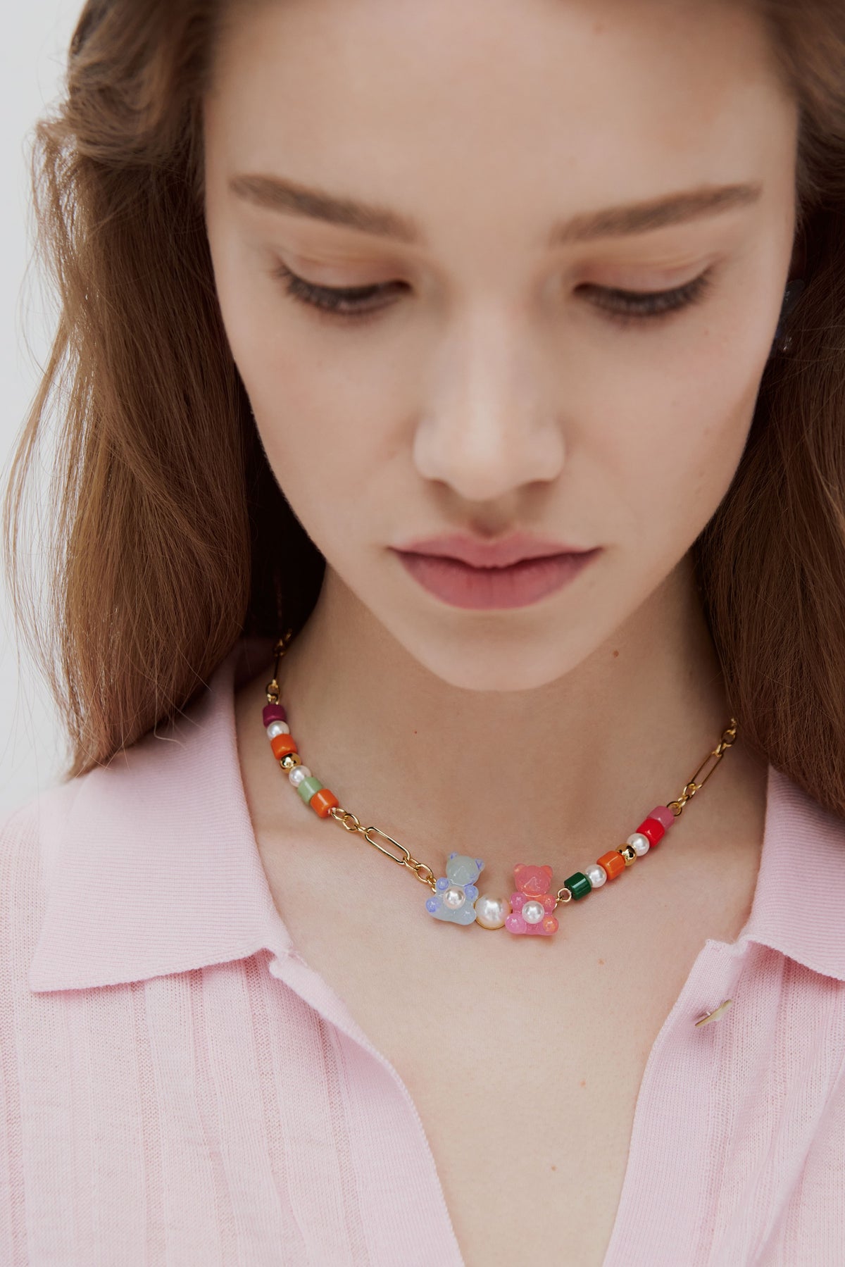 Collier nounours candy bleu et rose perles fantaisies