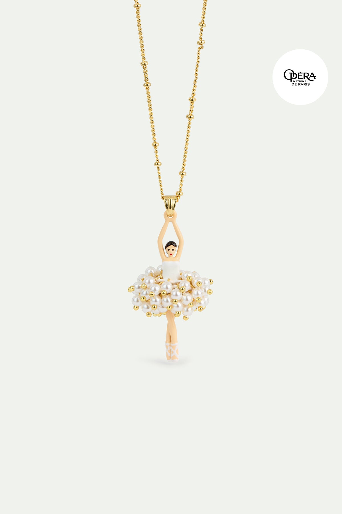 Collier pendentif Ballerine perles blanches et noeud doré