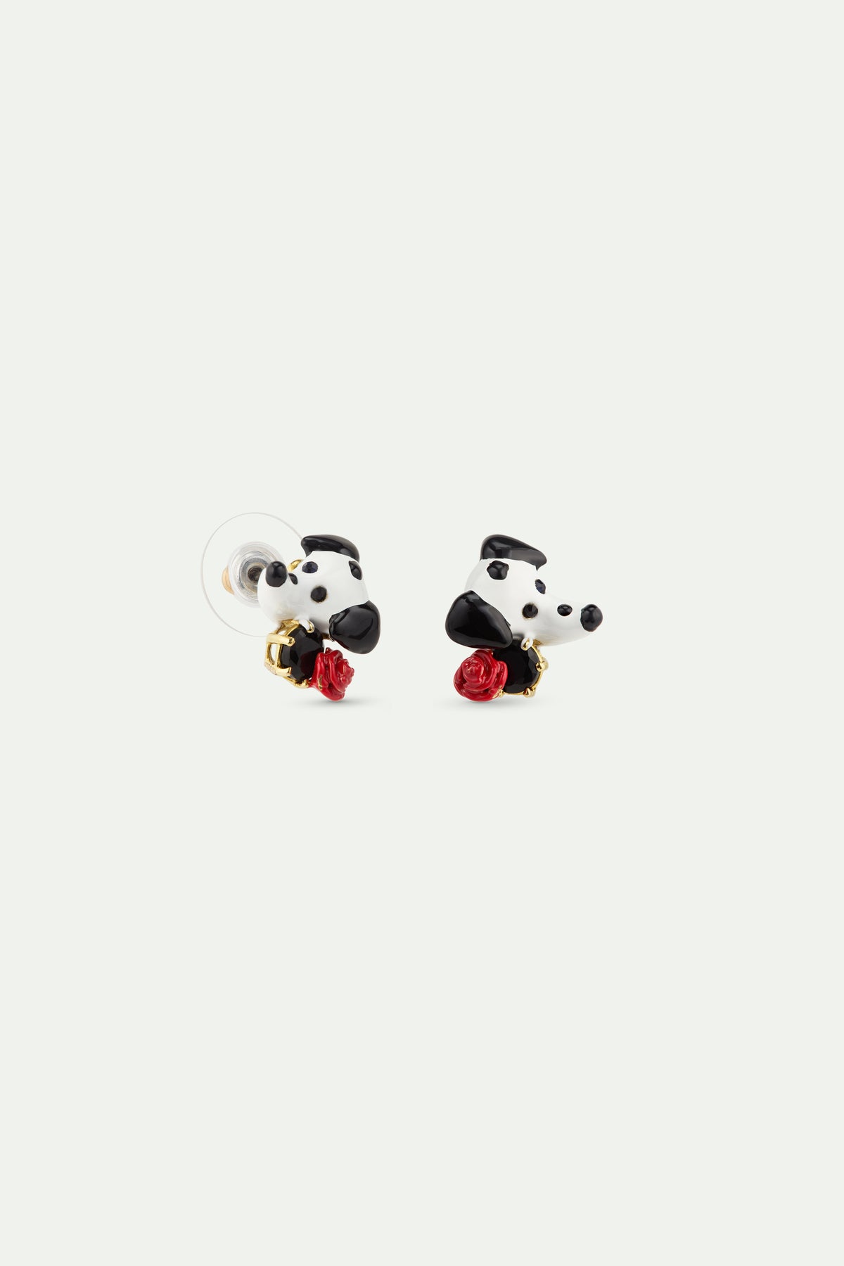 Boucles d'oreilles dalmatien, pierre ronde facettée noire et rose rouge