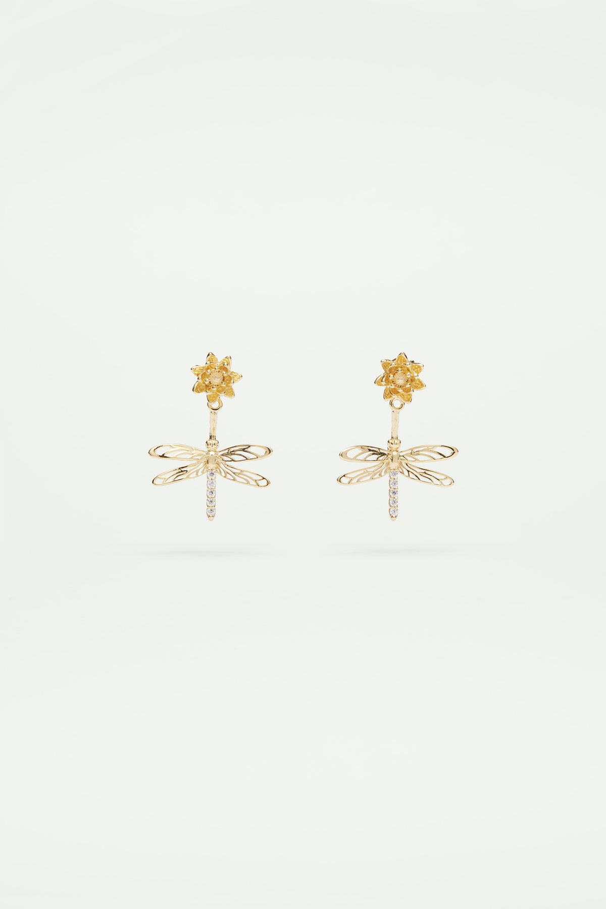 Boucles d'oreilles tiges pendantes libellule, fleur et cristaux
