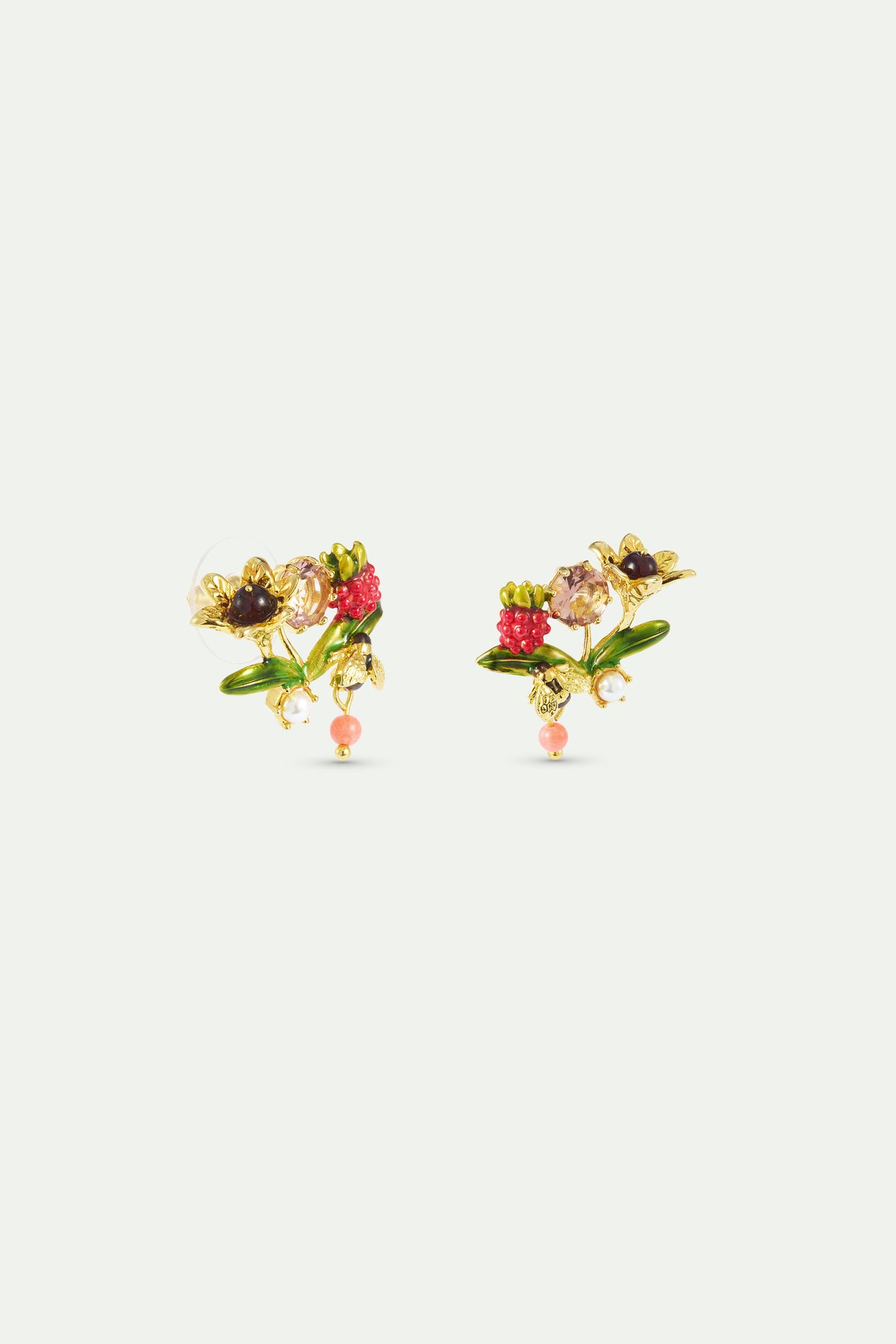 Boucles d'oreilles tiges pierre ronde rose, abeille dorée, framboise et perles