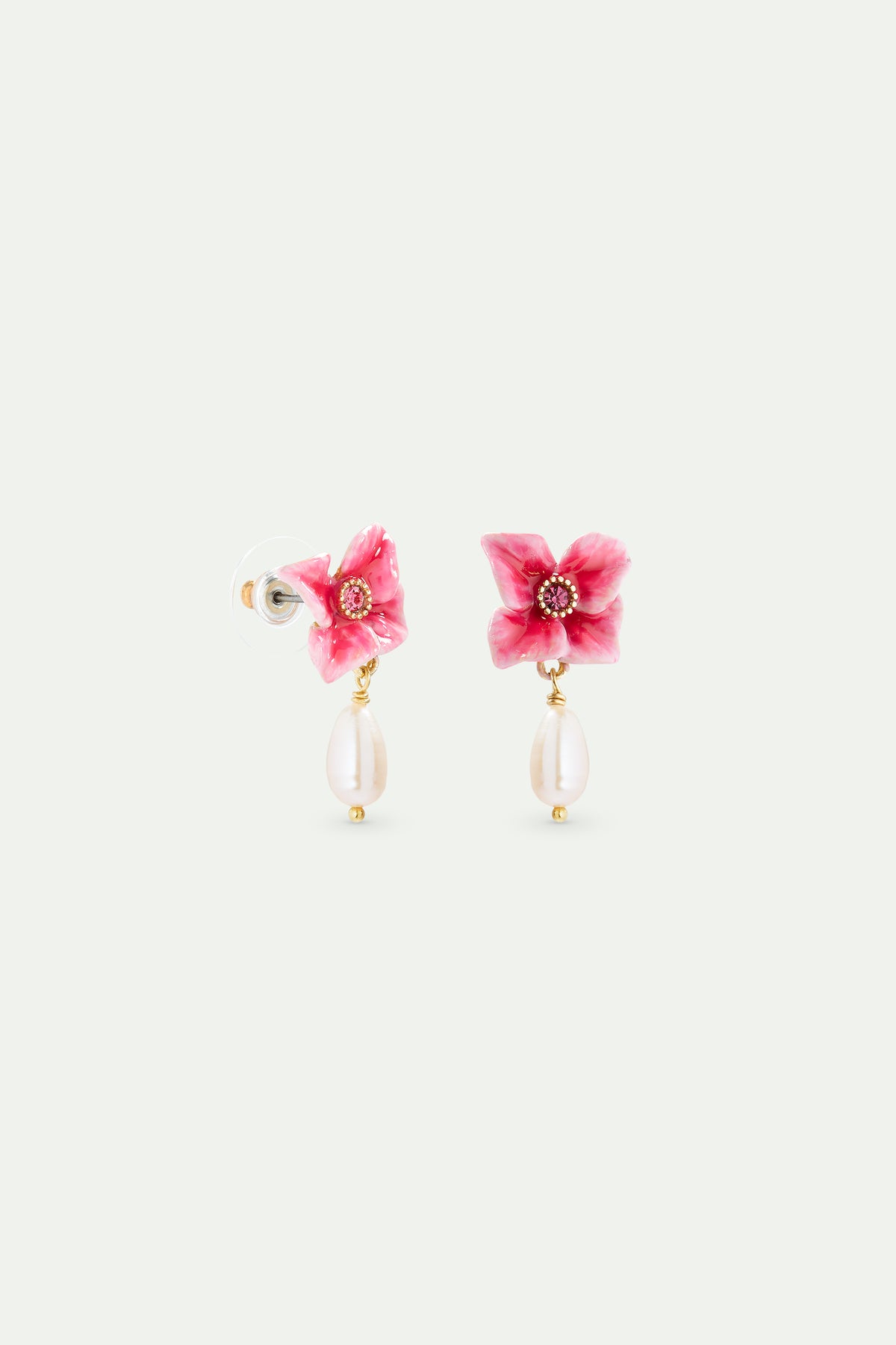 Boucles d'oreilles fleur d'hortensia rose et perle de culture