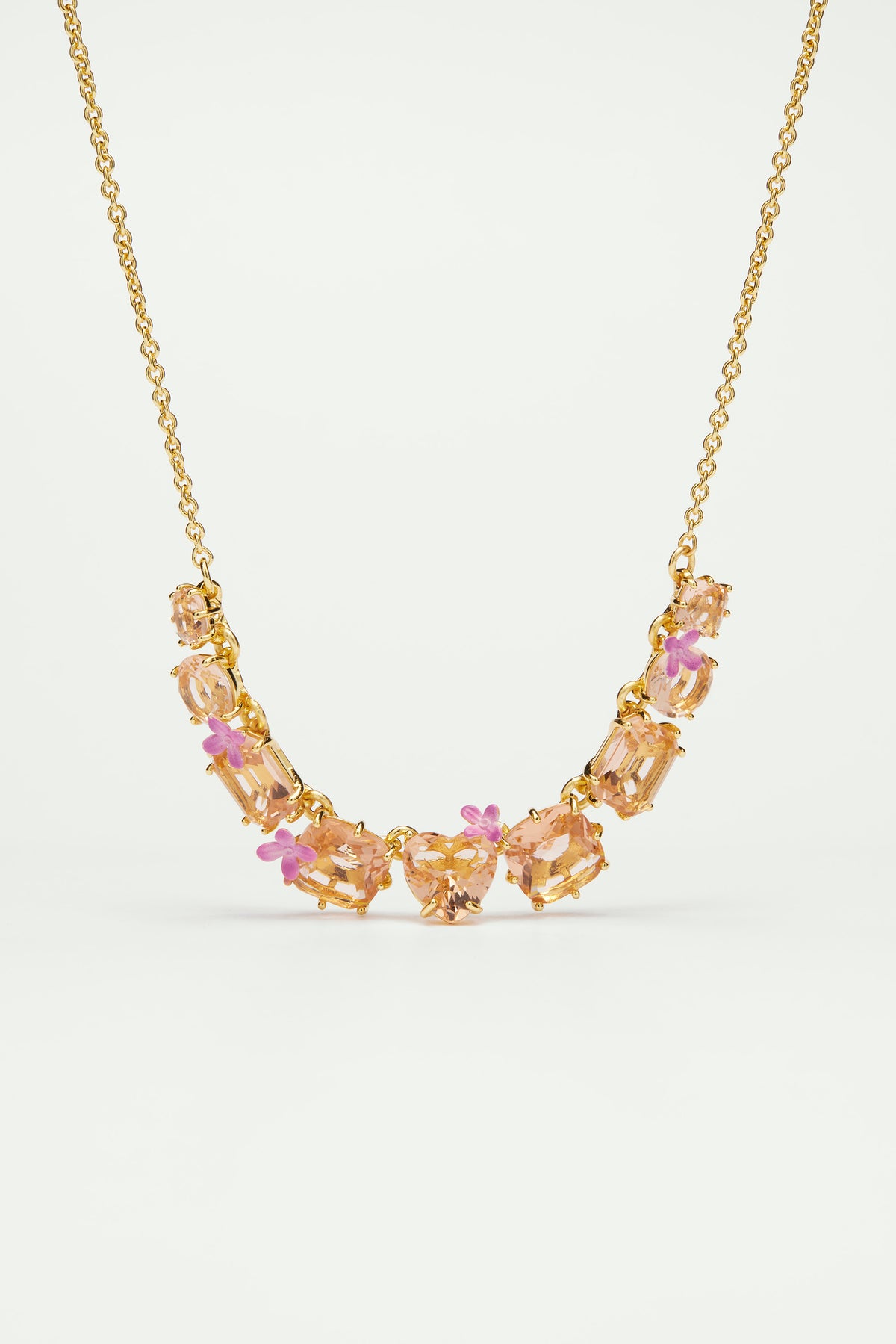 Collier fin 9 pierres et fleurs la diamantine rose abricot