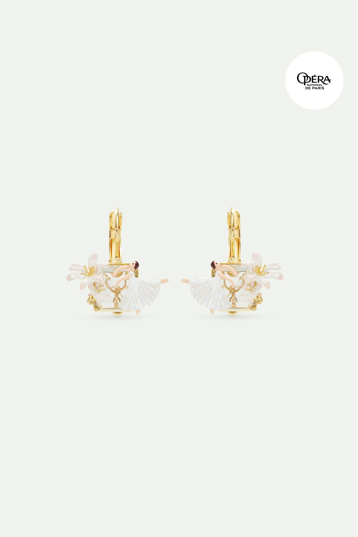 Boucles d'oreilles dormeuses pierre facettée, Ballerine et Fleur de Lys blanche
