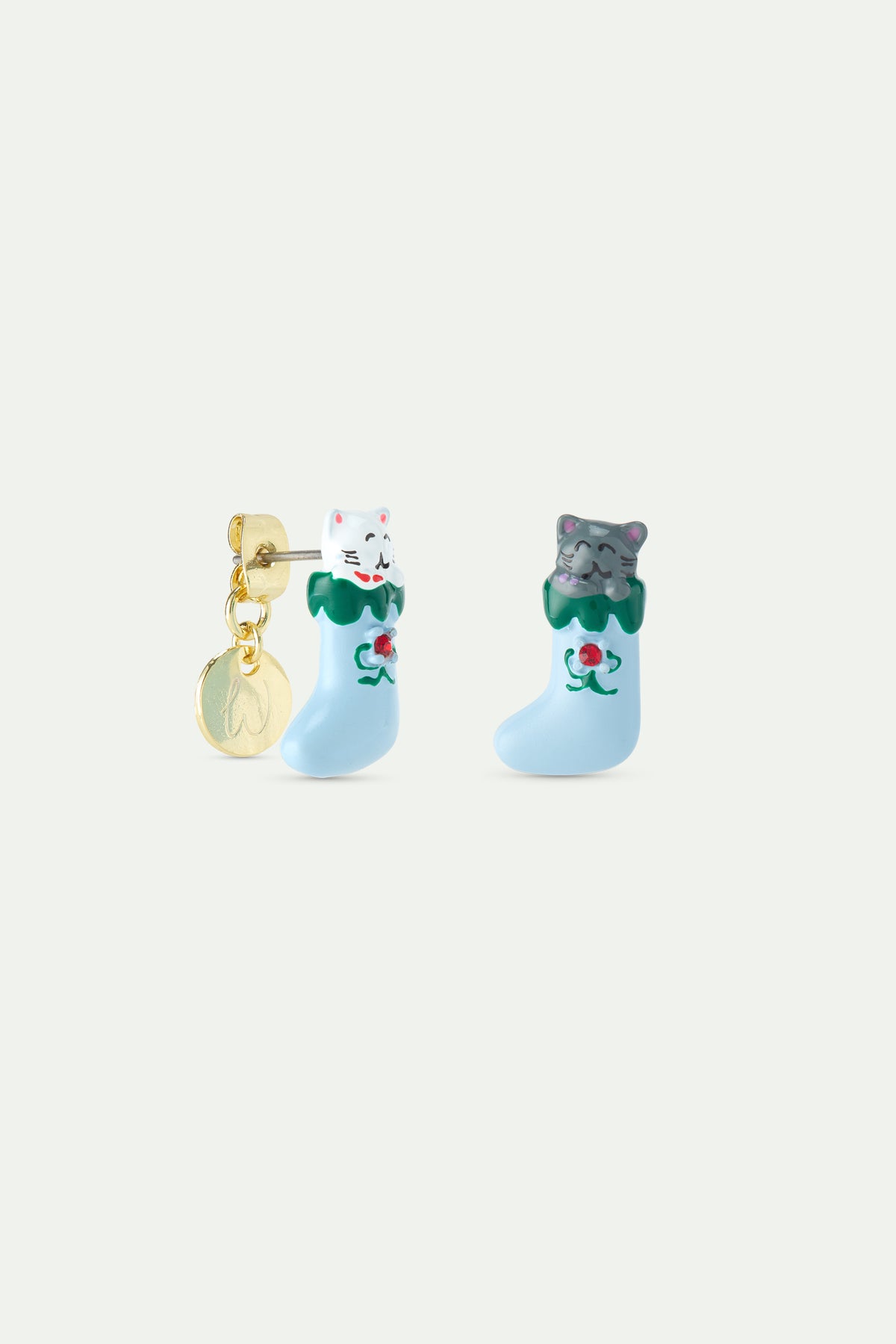 Boucles d'oreilles chausette de noël, chats blanc et gris et cristal facetté rouge
