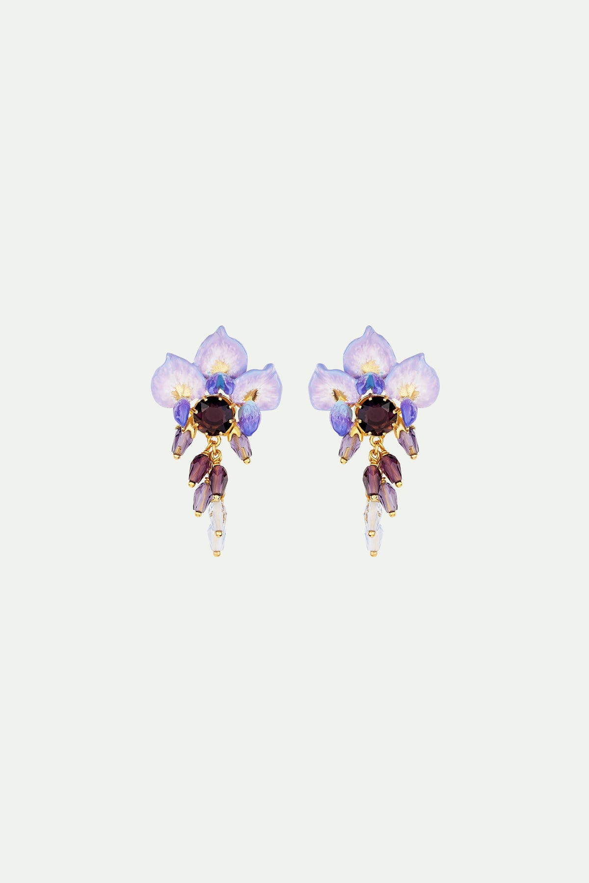 Boucles d'oreilles tiges fleur de glycine et perles et pierre de verre facetté