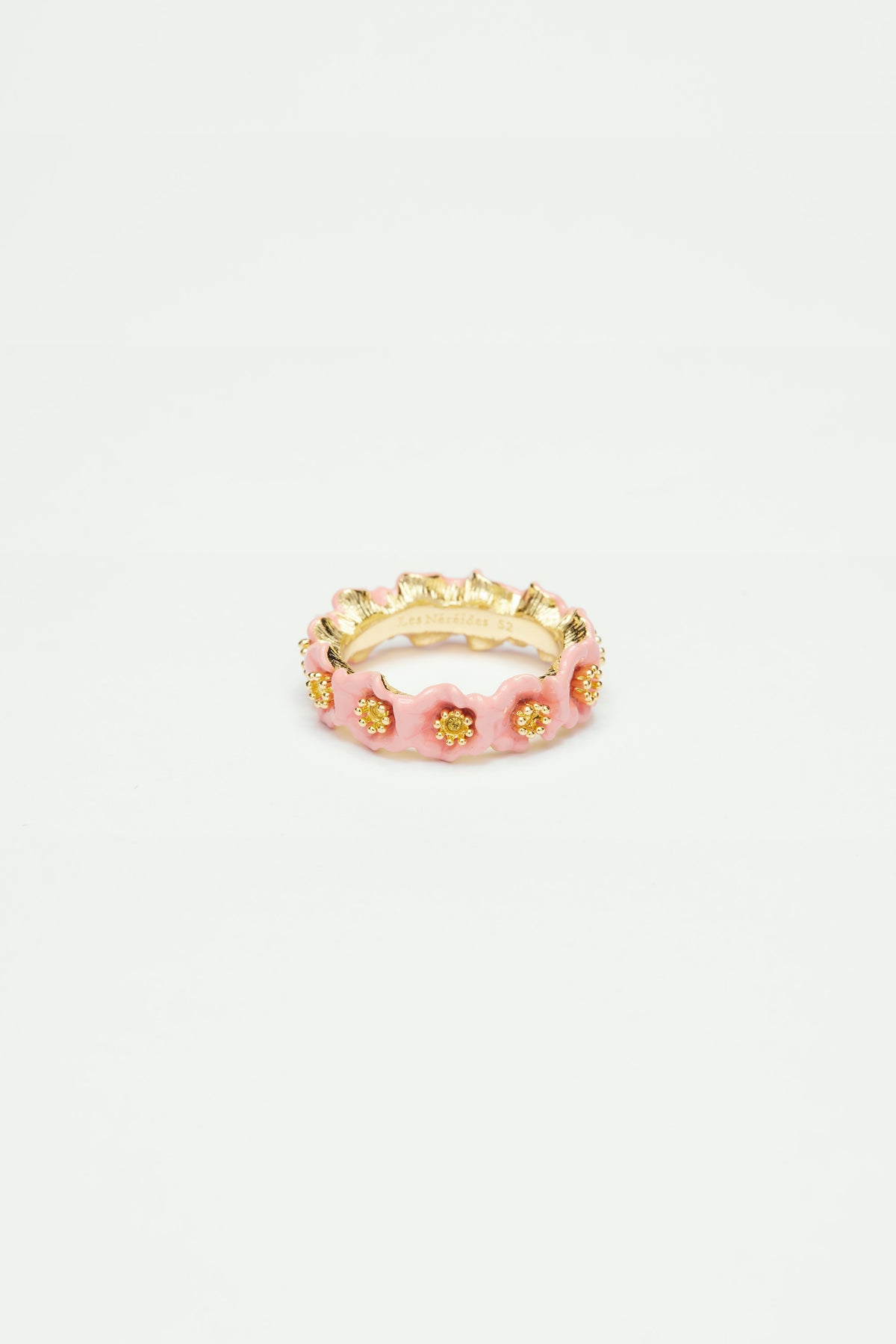 Bague fine fleurs roses et pistils dorés