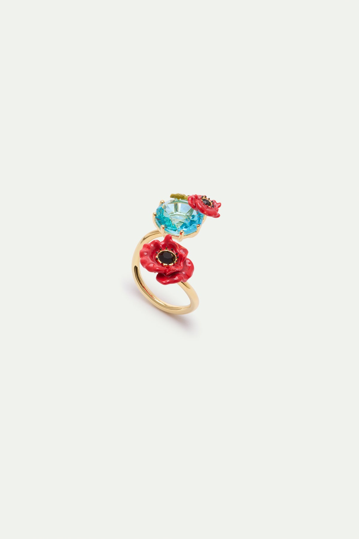 Bague ajustable pierre ronde bleue et coquelicot