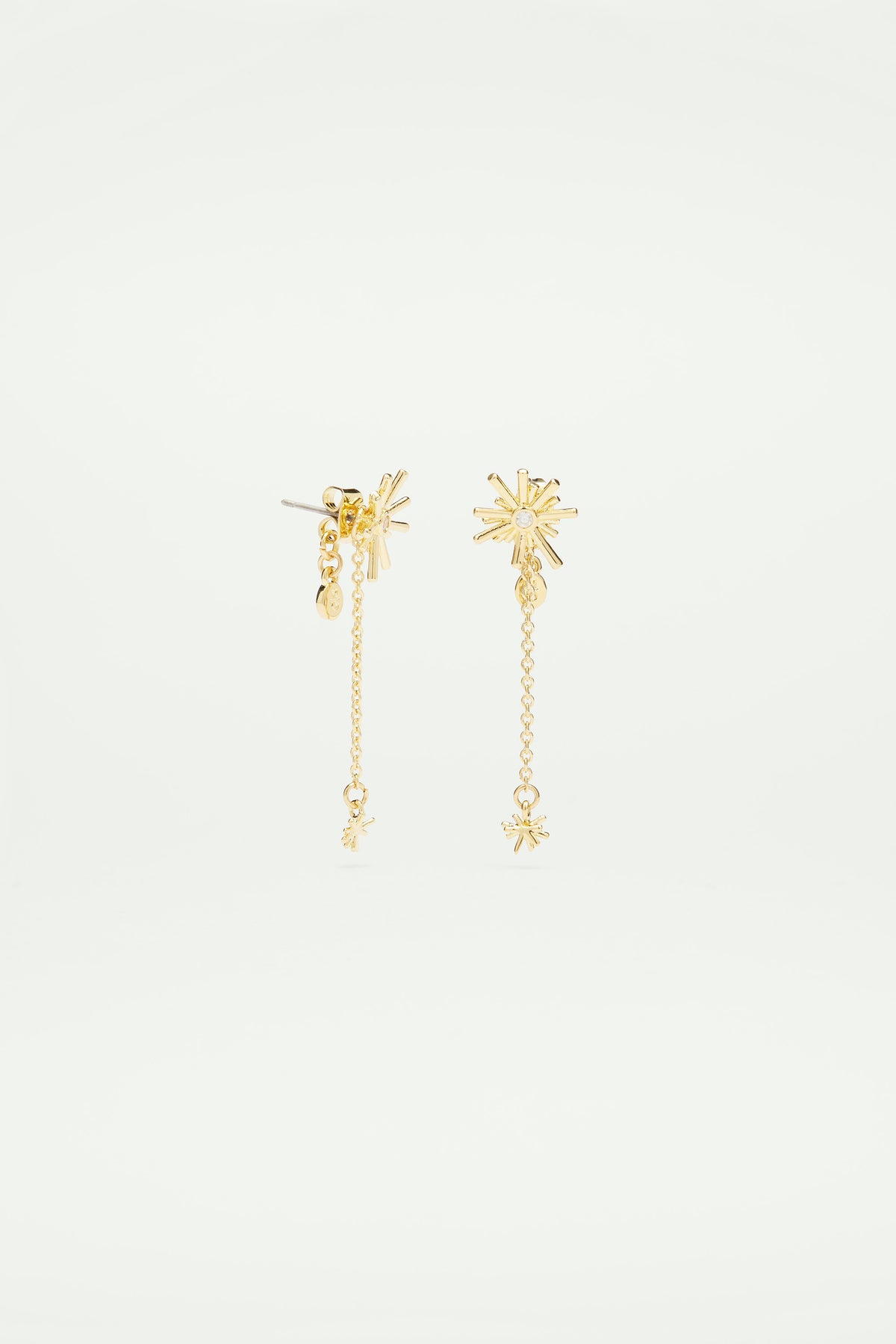 Boucles d'oreilles tiges pendantes étoiles dorées et pierre blanche