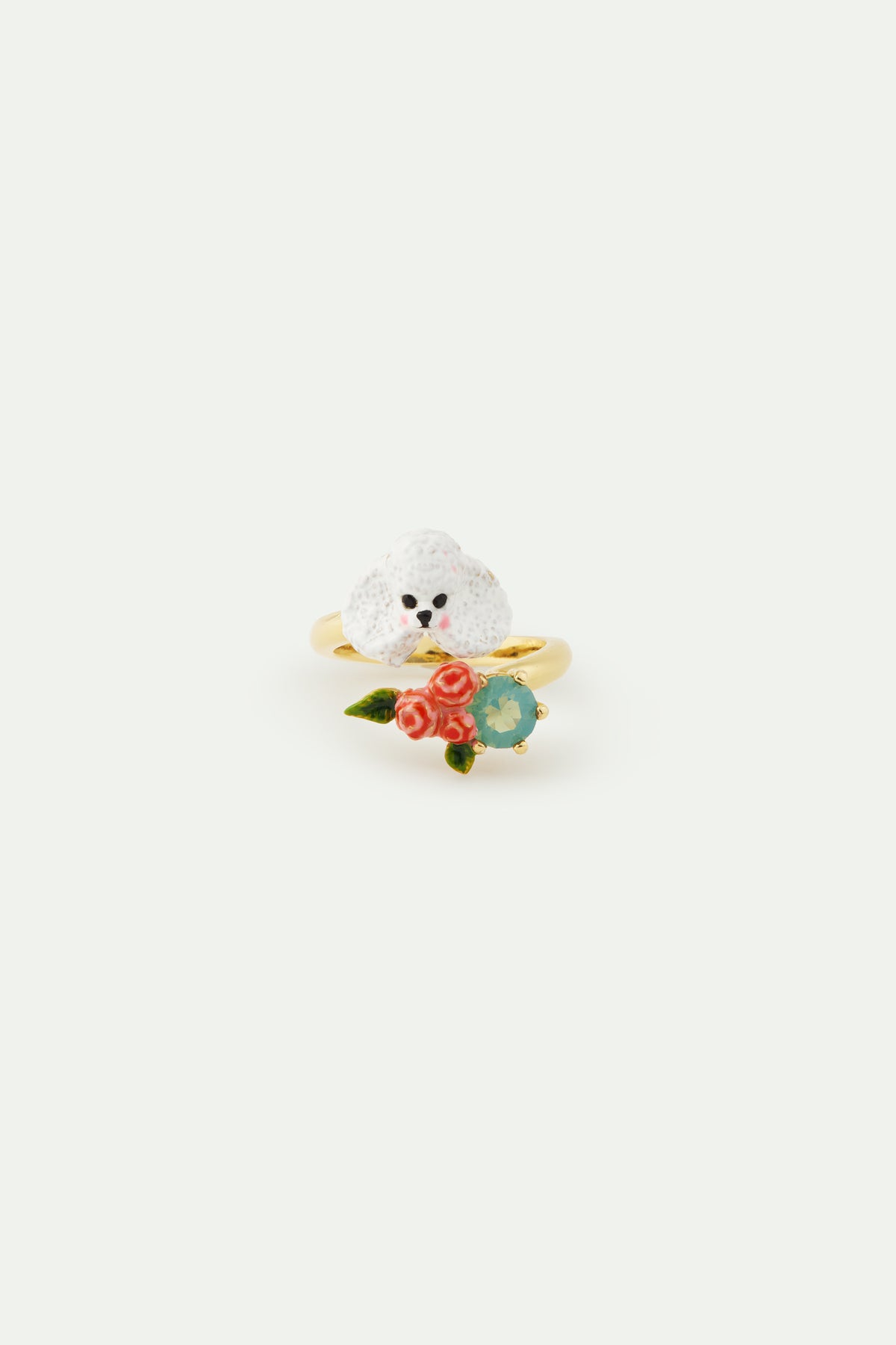 Bague ajustable caniche, fleurs roses et pierre bleue
