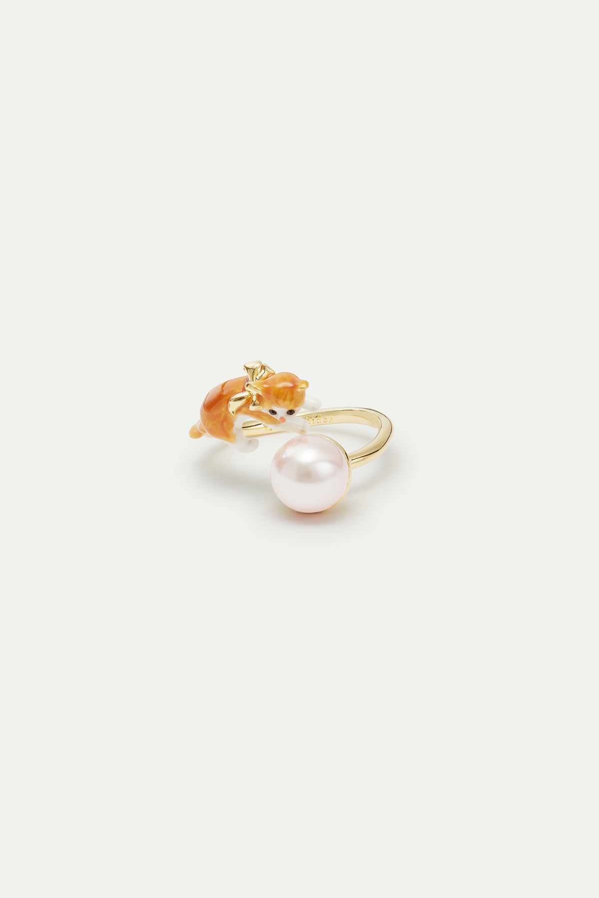 Orange tabby kitten and cultured pearl adjustable ring