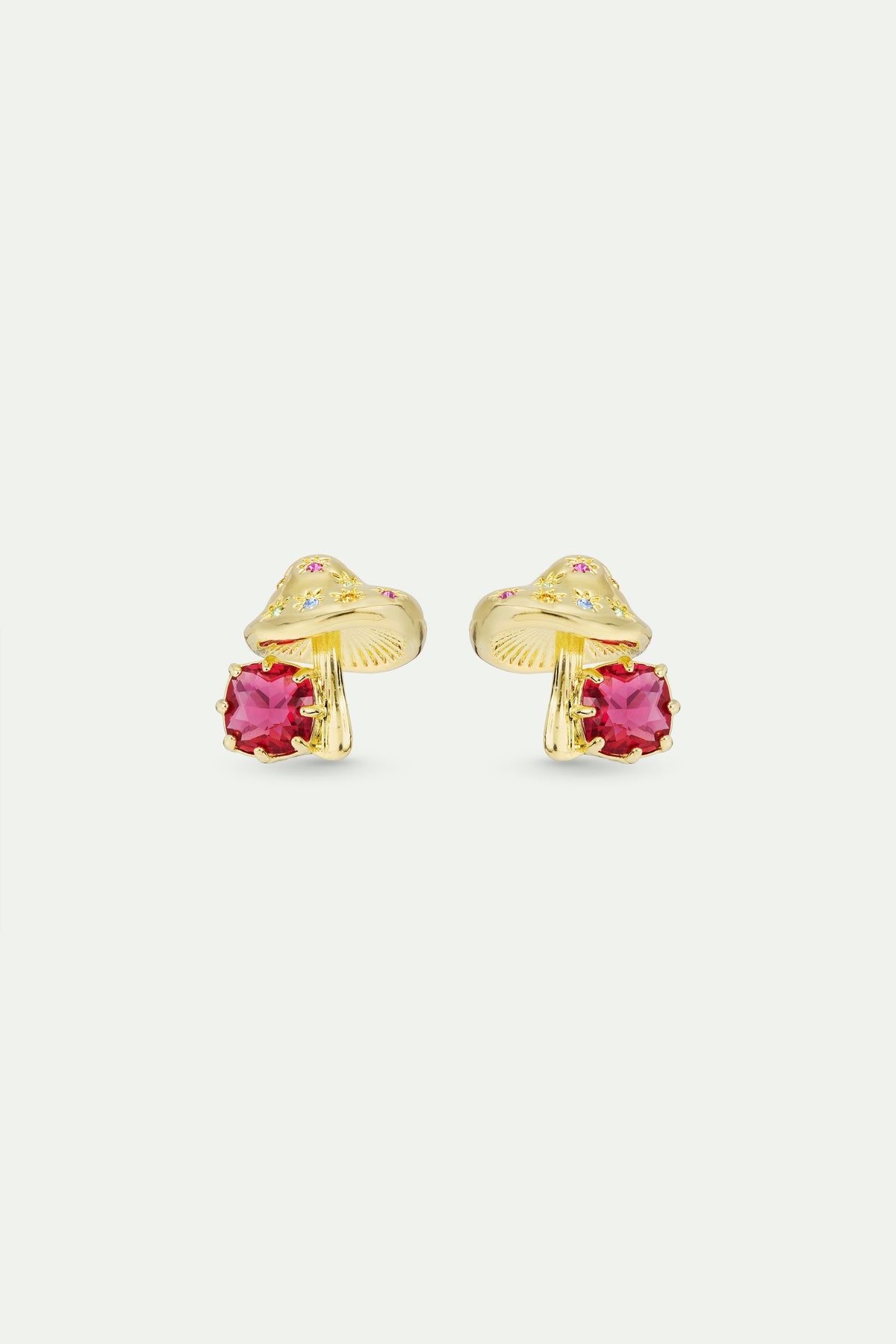 Boucles d'oreilles champignon doré et pierre facettée rose
