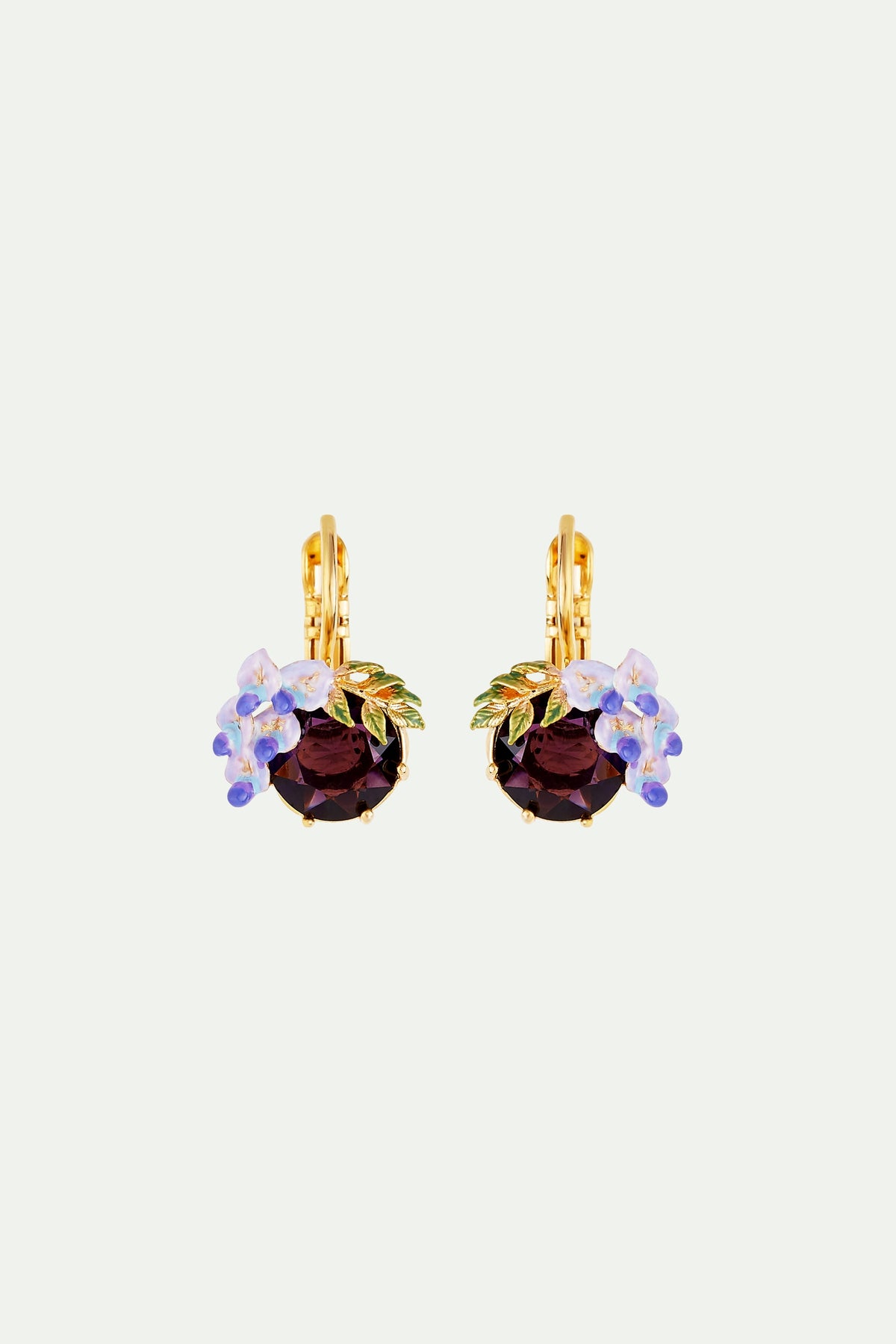 Boucle d'oreille dormeuses pierre de verre facetté et petite fleur de glycine