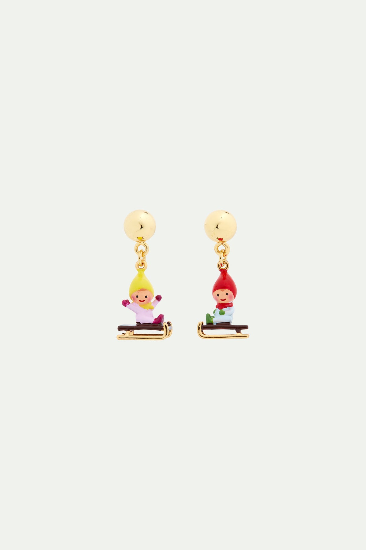 Sledging young garden gnome clip-on earrings