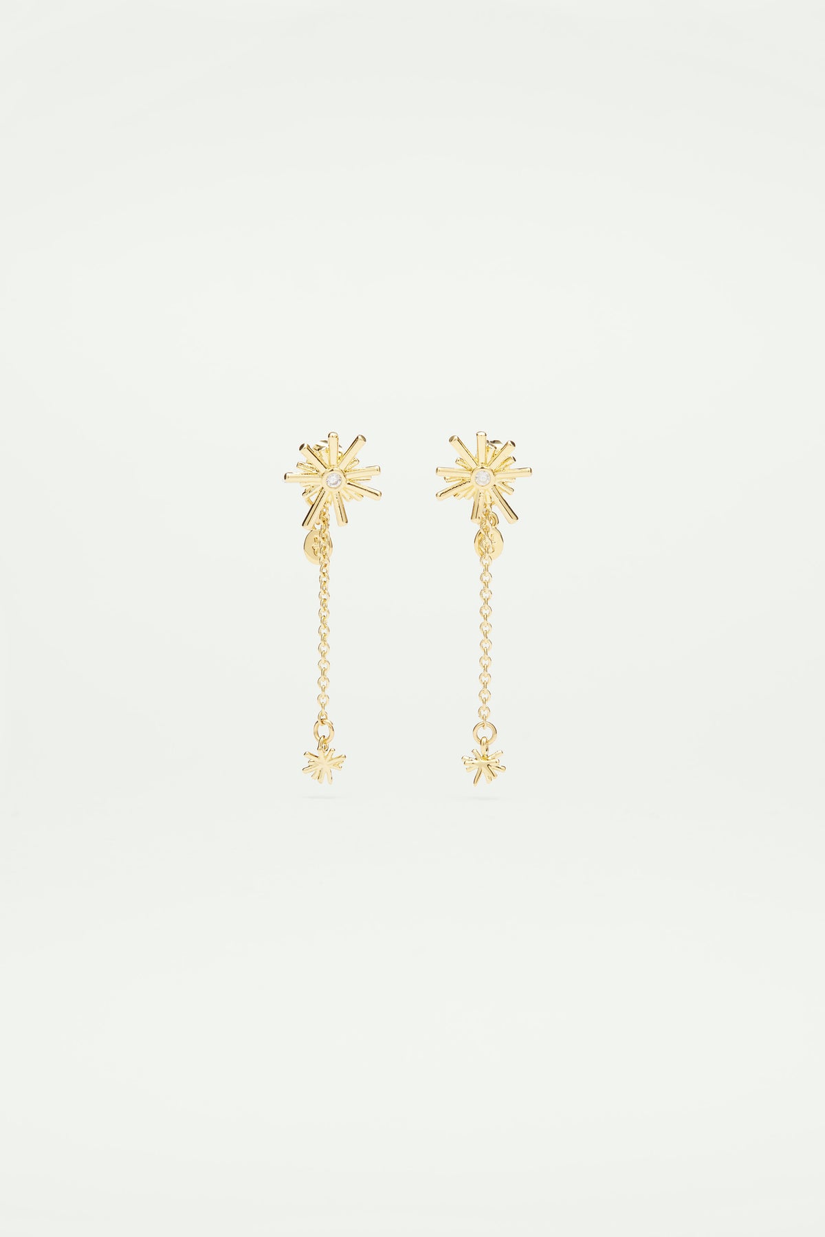 Boucles d'oreilles tiges pendantes étoiles dorées et pierre blanche