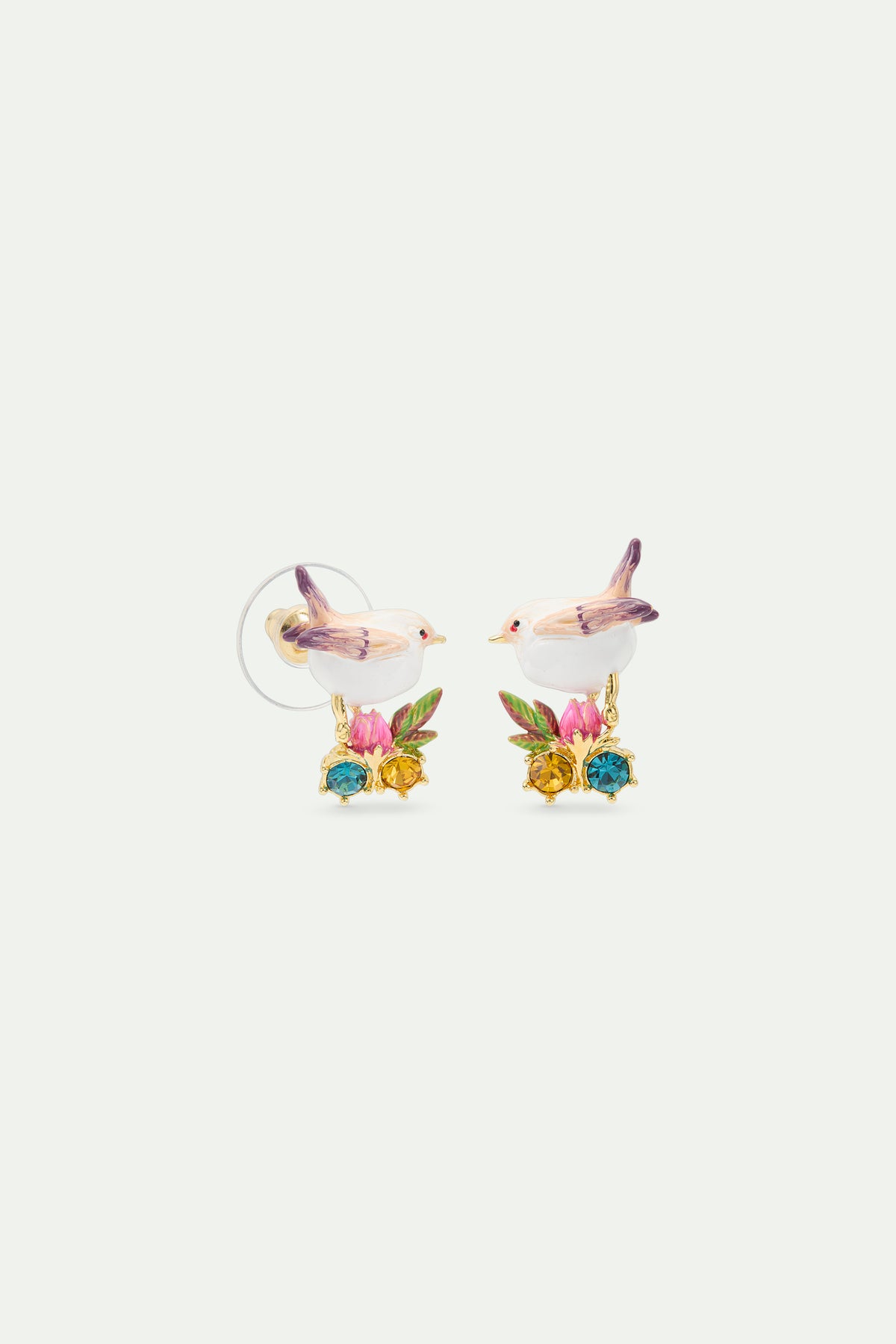 Boucles d’oreilles tiges plectrophane des neiges, bouton de rose et cristaux