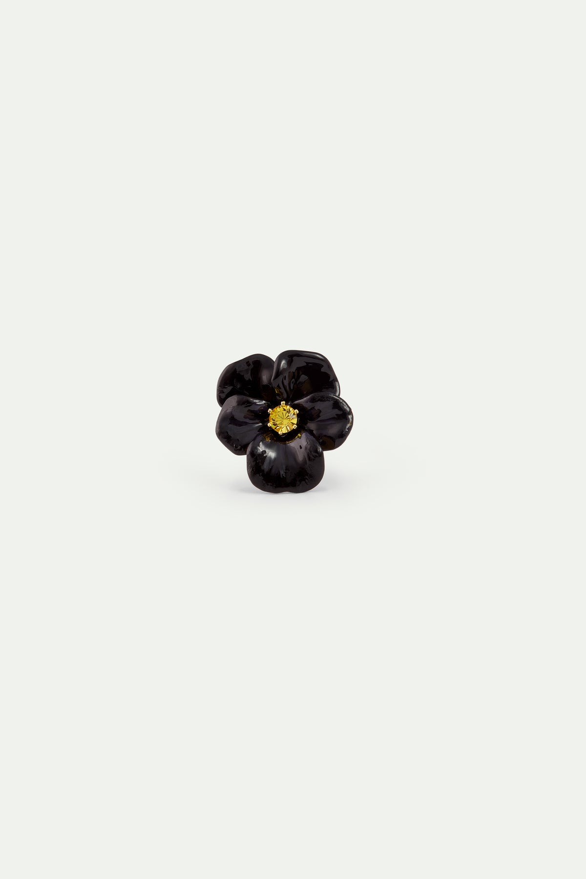 Black pansy and faceted crystal cocktail ring