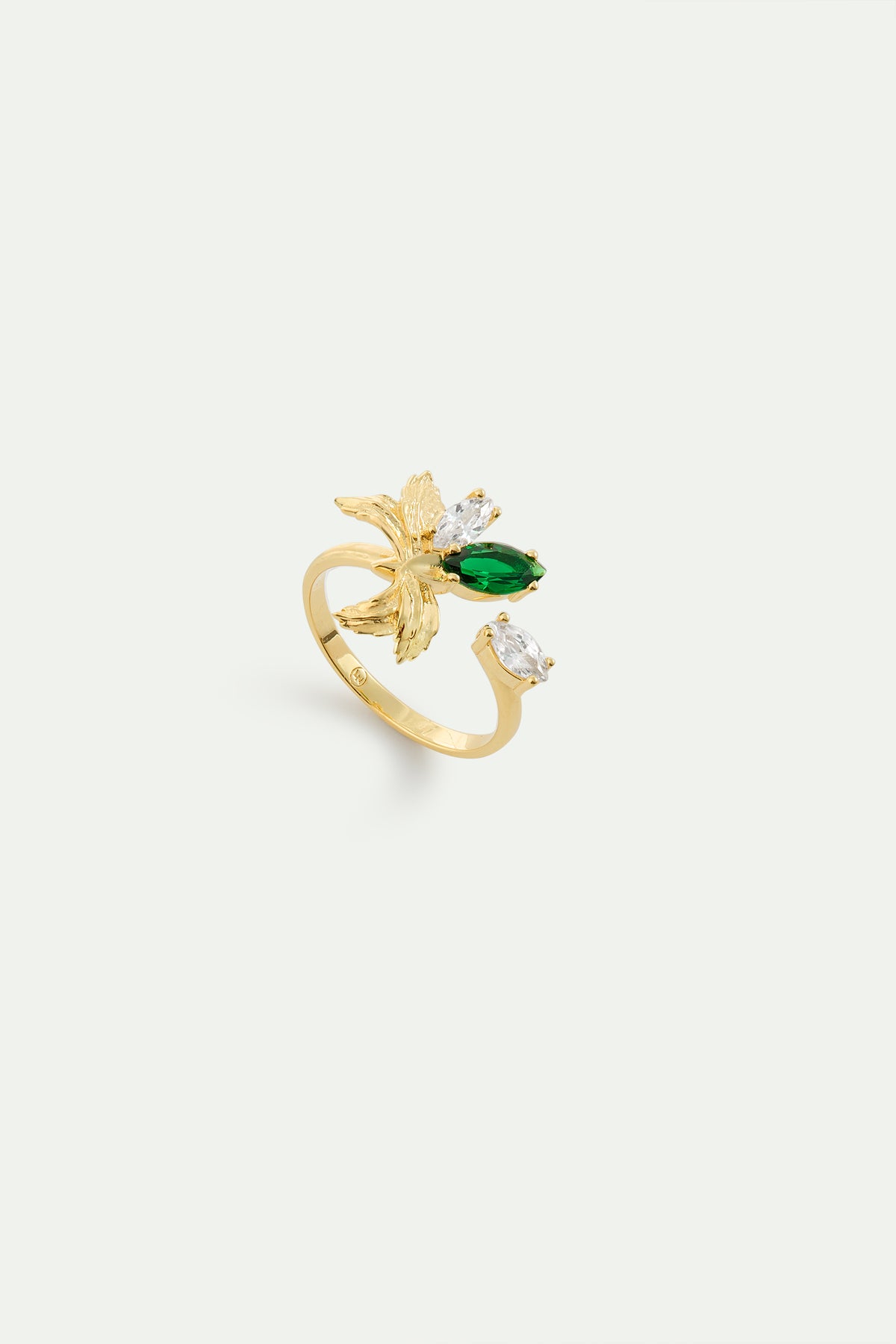 Bague ajustable dorée fleur d'orchidée et pierres blanches et verte