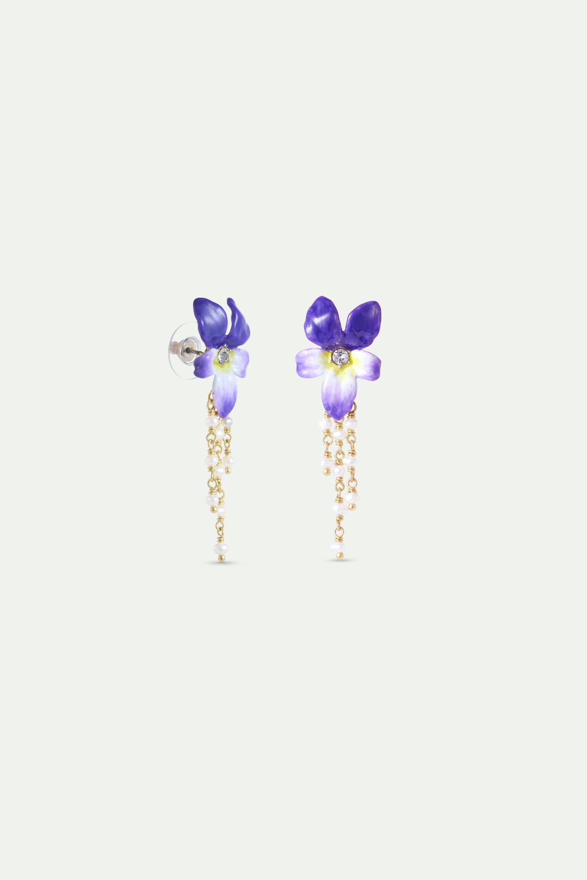Boucles d'oreilles pendantes violette et perles de culture