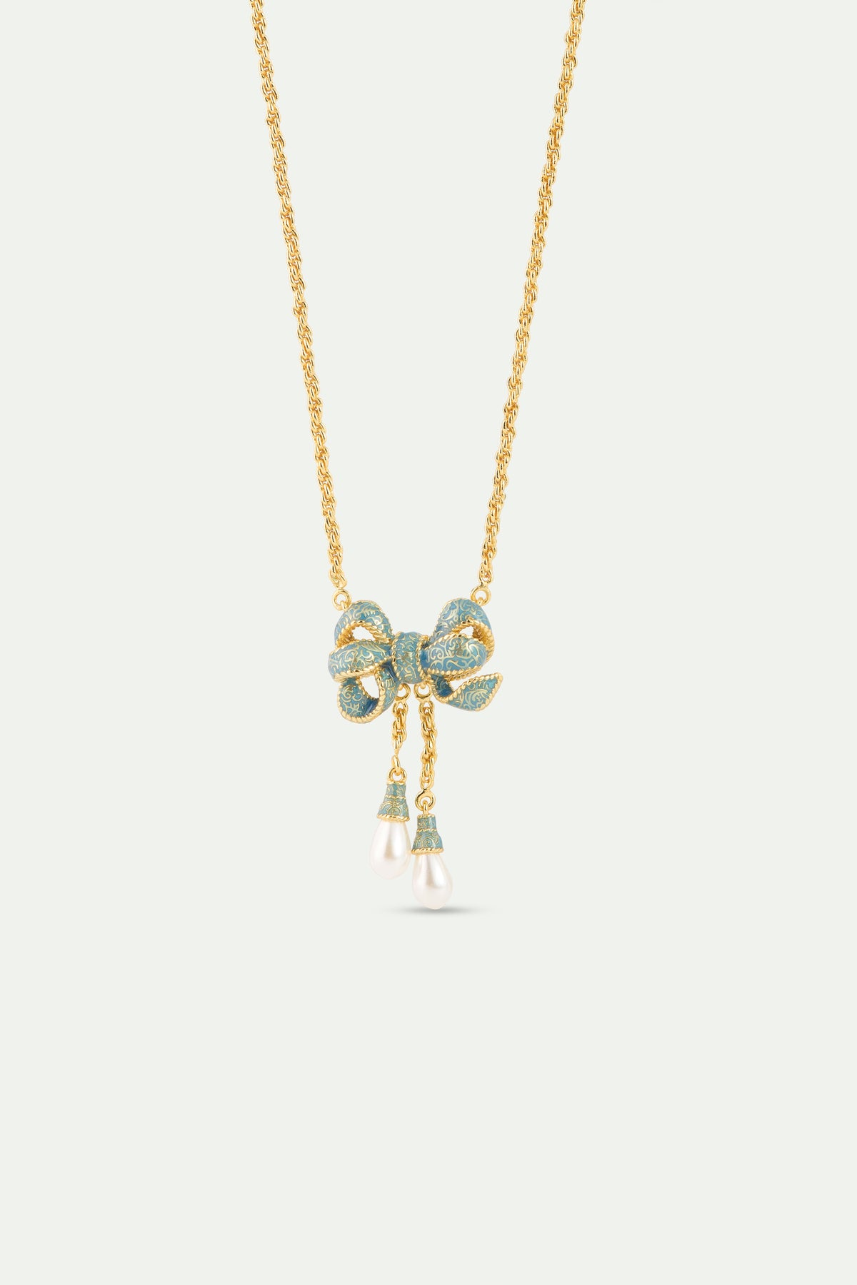 Collier fin ruban bleu et doré et perles de culture