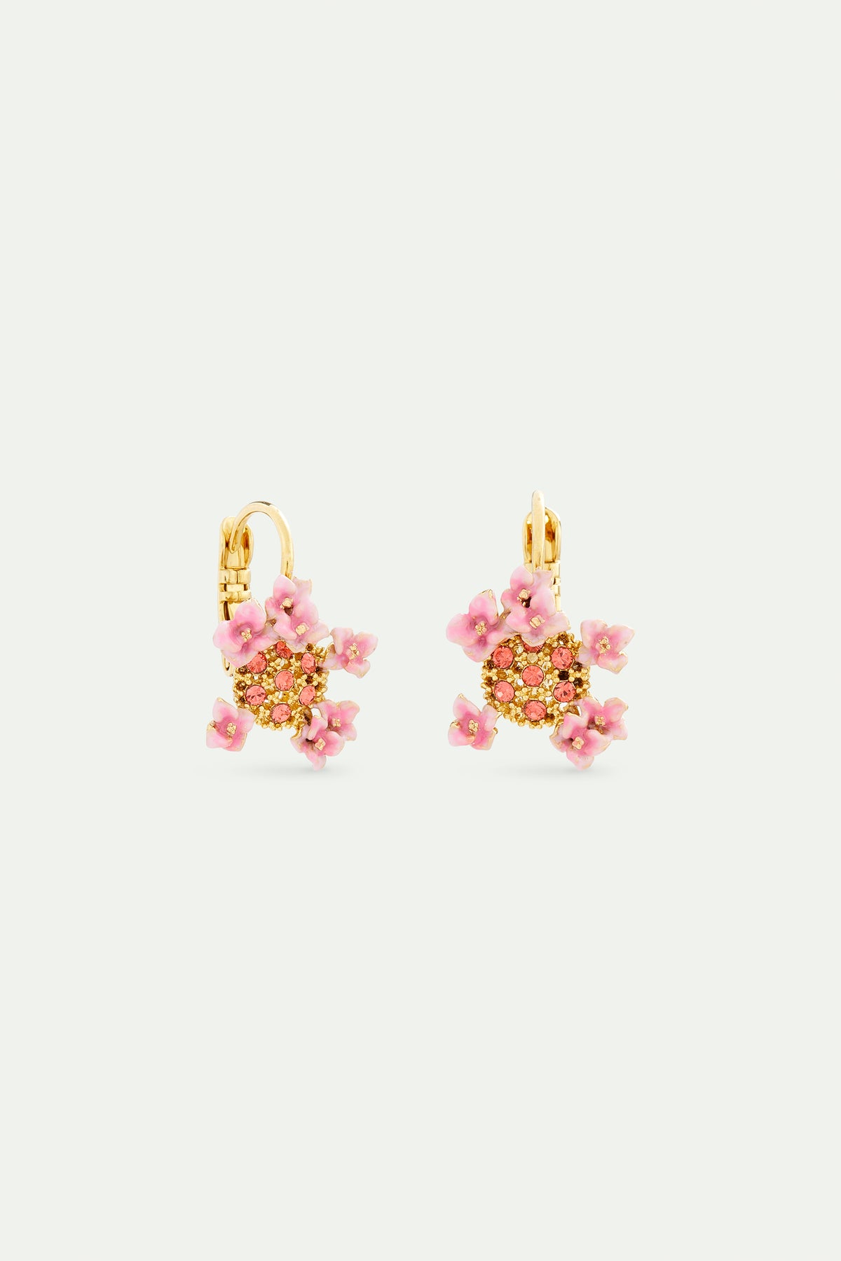 Boucles d'oreilles dormeuses cristaux roses et dorés, fleurs d'hortensia