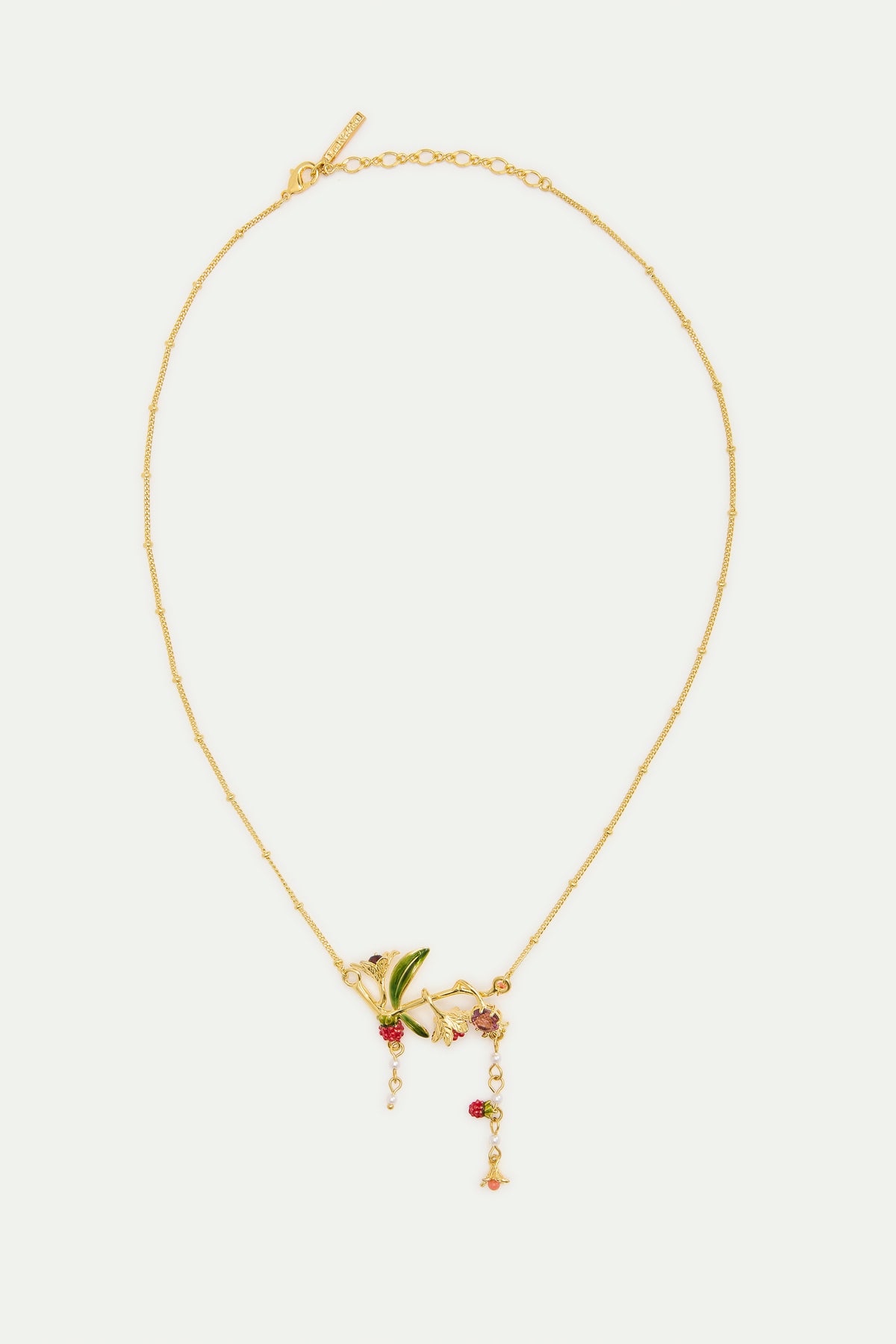 Statement necklace with flowers, raspberries, pink stone and pearls