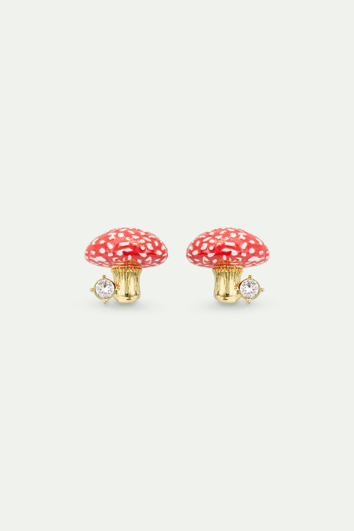 Boucles d'oreilles tiges champignon rouge et doré, et cristal facetté