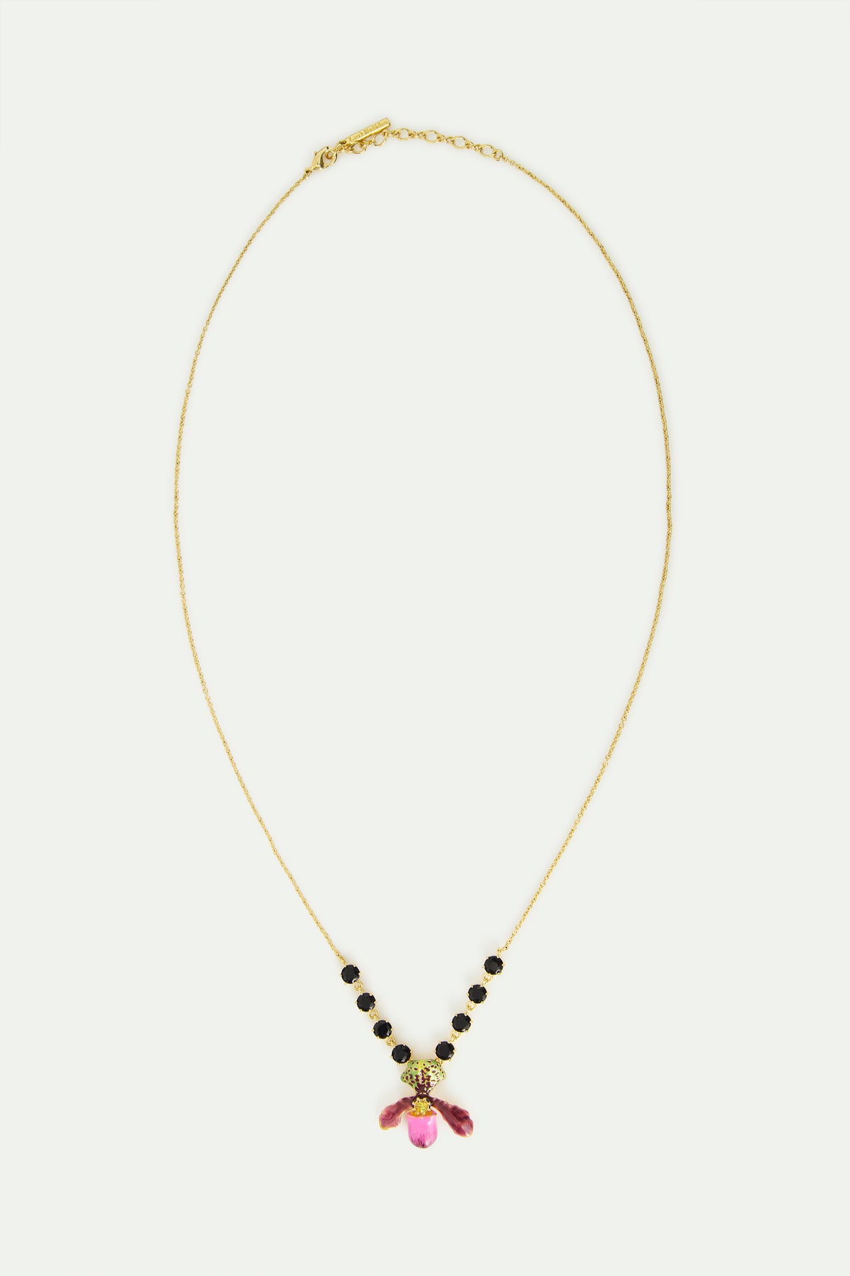 Collier orchidée violette et pierres en verre facetté noir