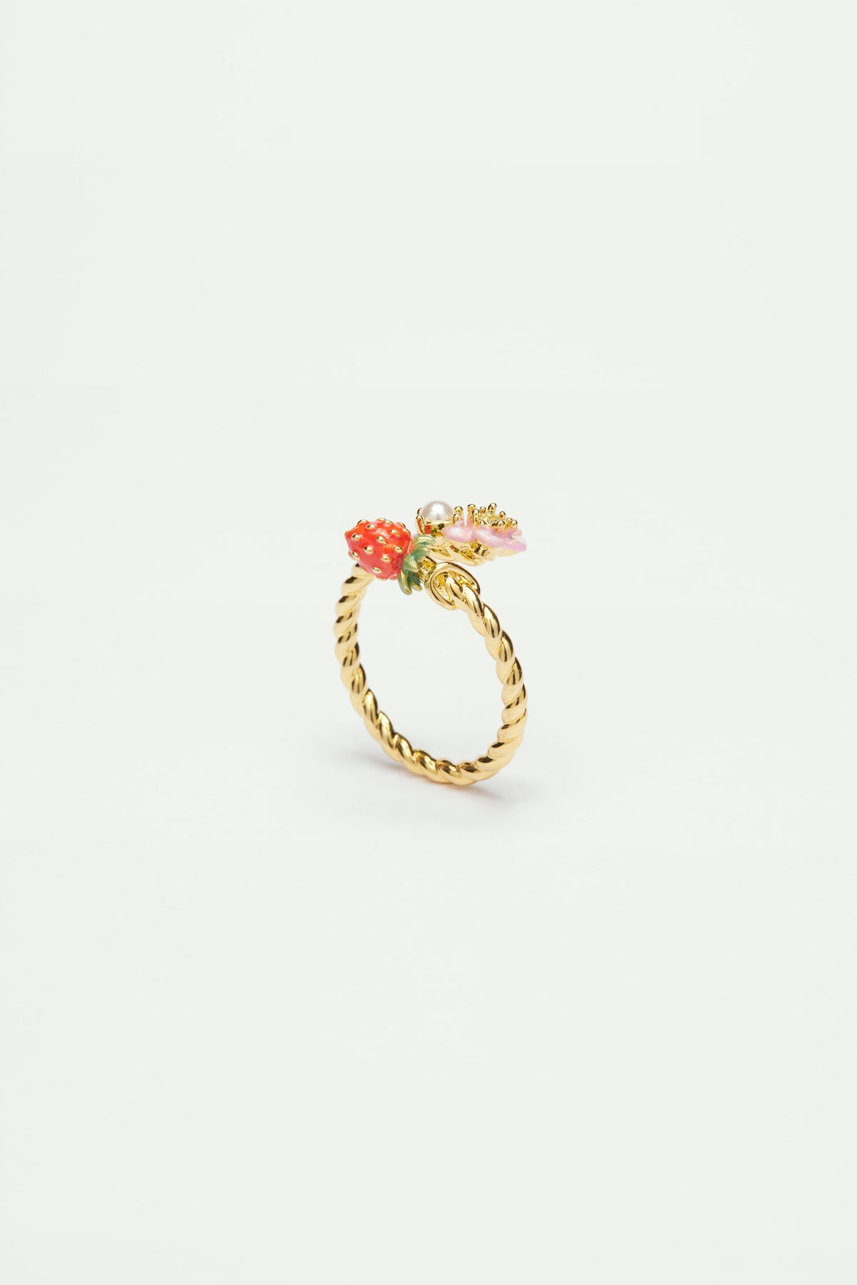 Bague ajustable fraise des bois et fleur rose