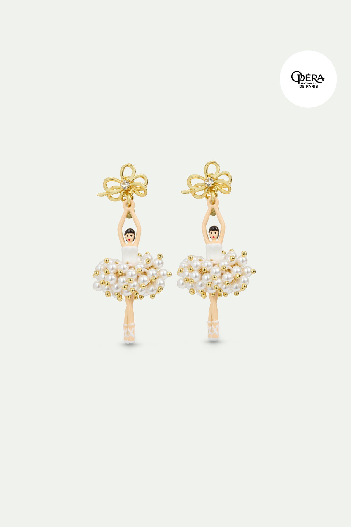 Boucles d'oreilles Ballerine perles blanches et nœud doré