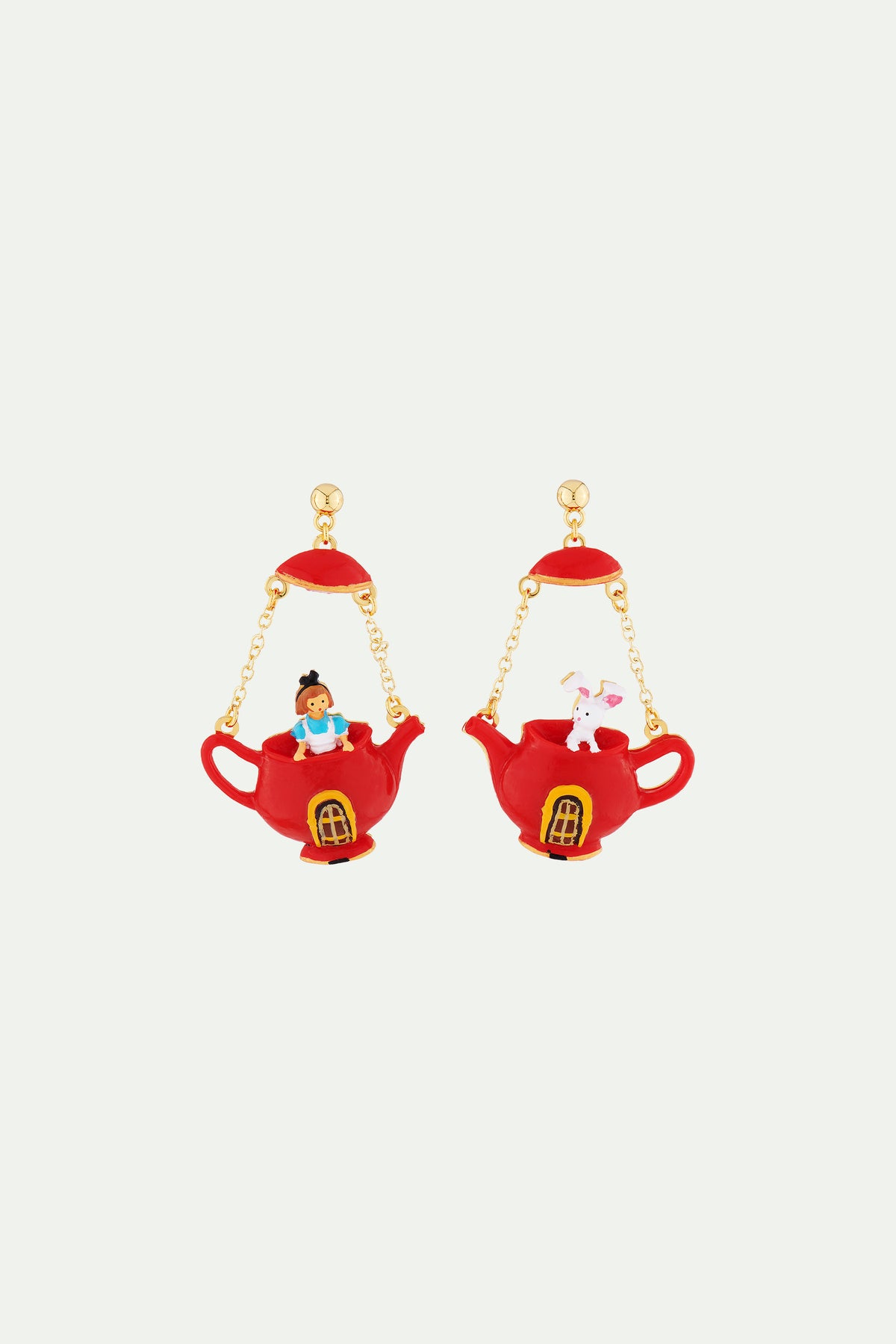 Boucles d'oreilles tiges asymétriques théière alice et lapin blanc