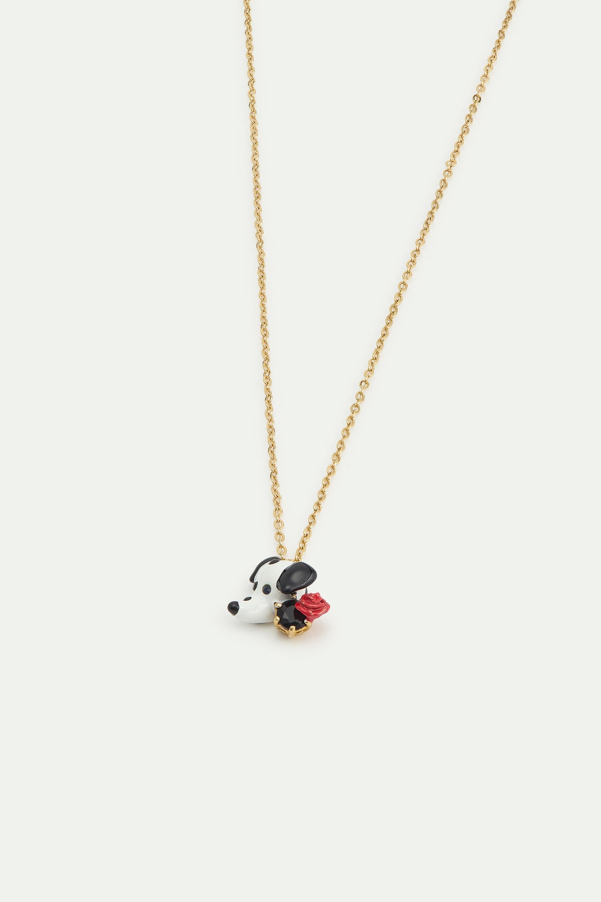 Collier pendentif dalmatien, pierre ronde facettée noire et rose rouge