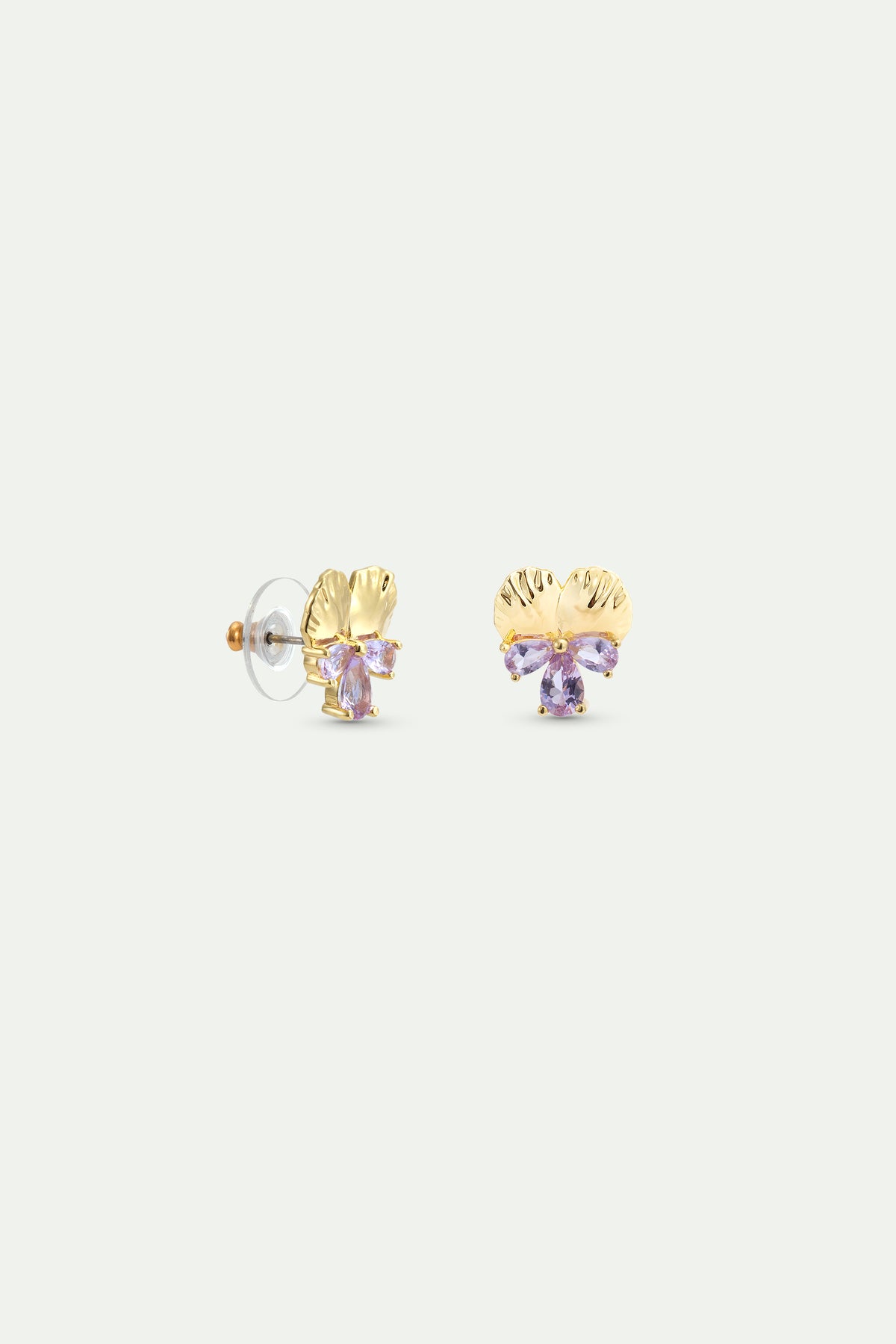Gold post earrings with pansies and pink stones 