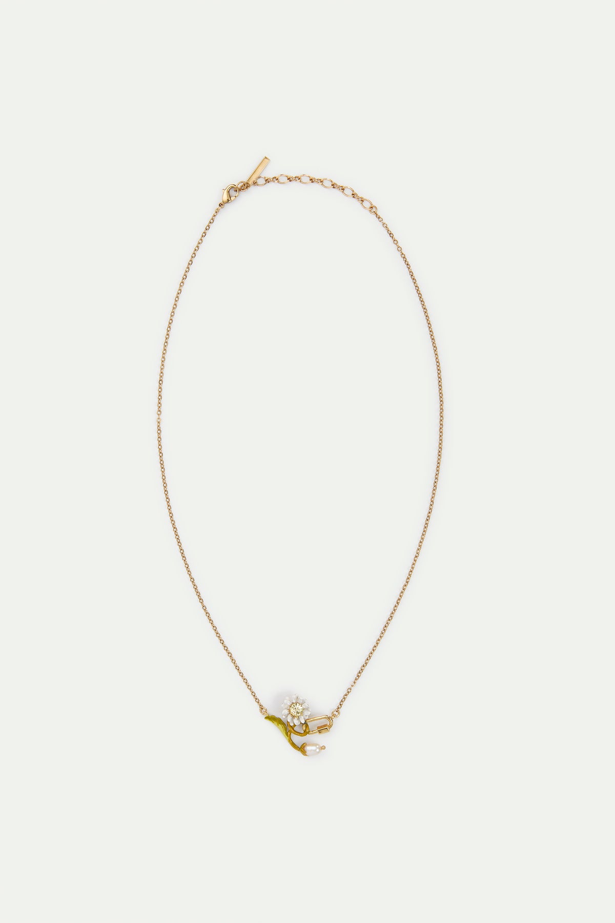 Collier fin pâquerette blanche et verte, perle de culture, mousqueton