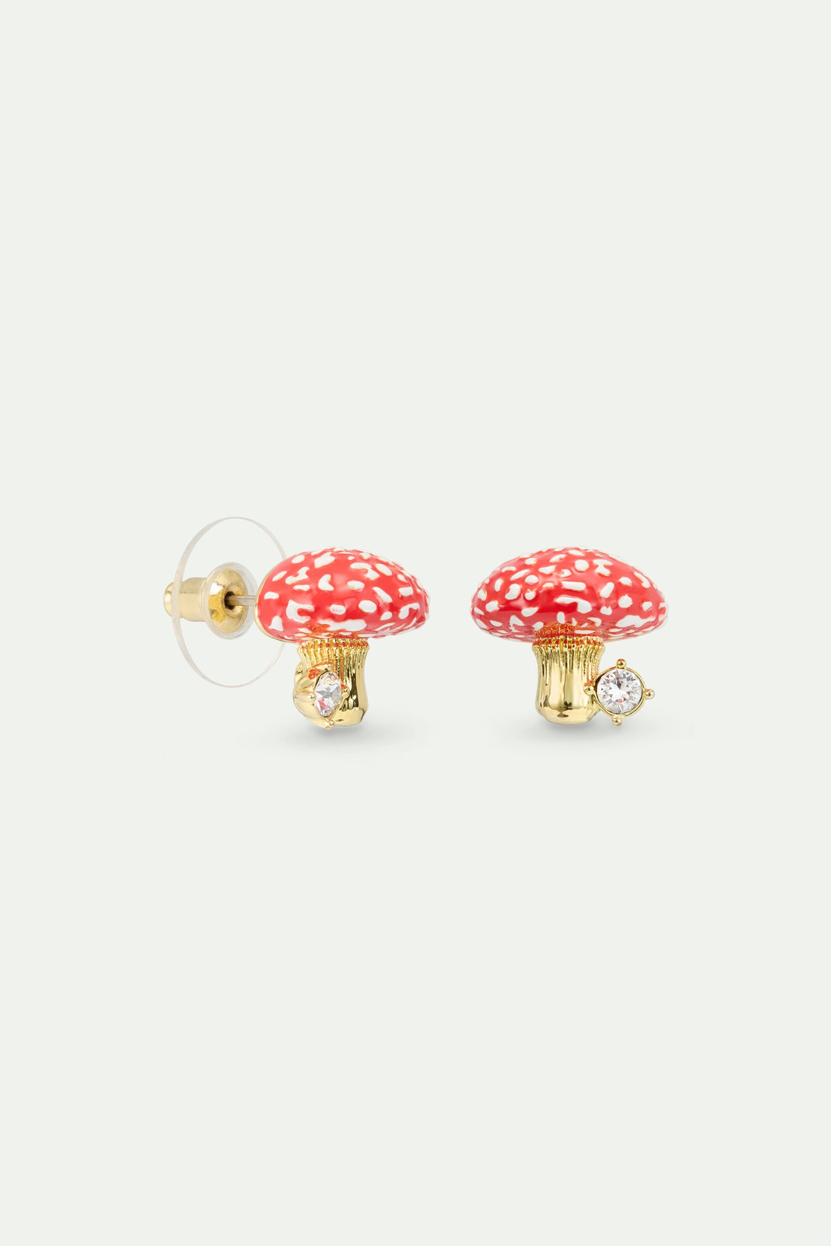 Boucles d'oreilles tiges champignon rouge et doré, et cristal facetté