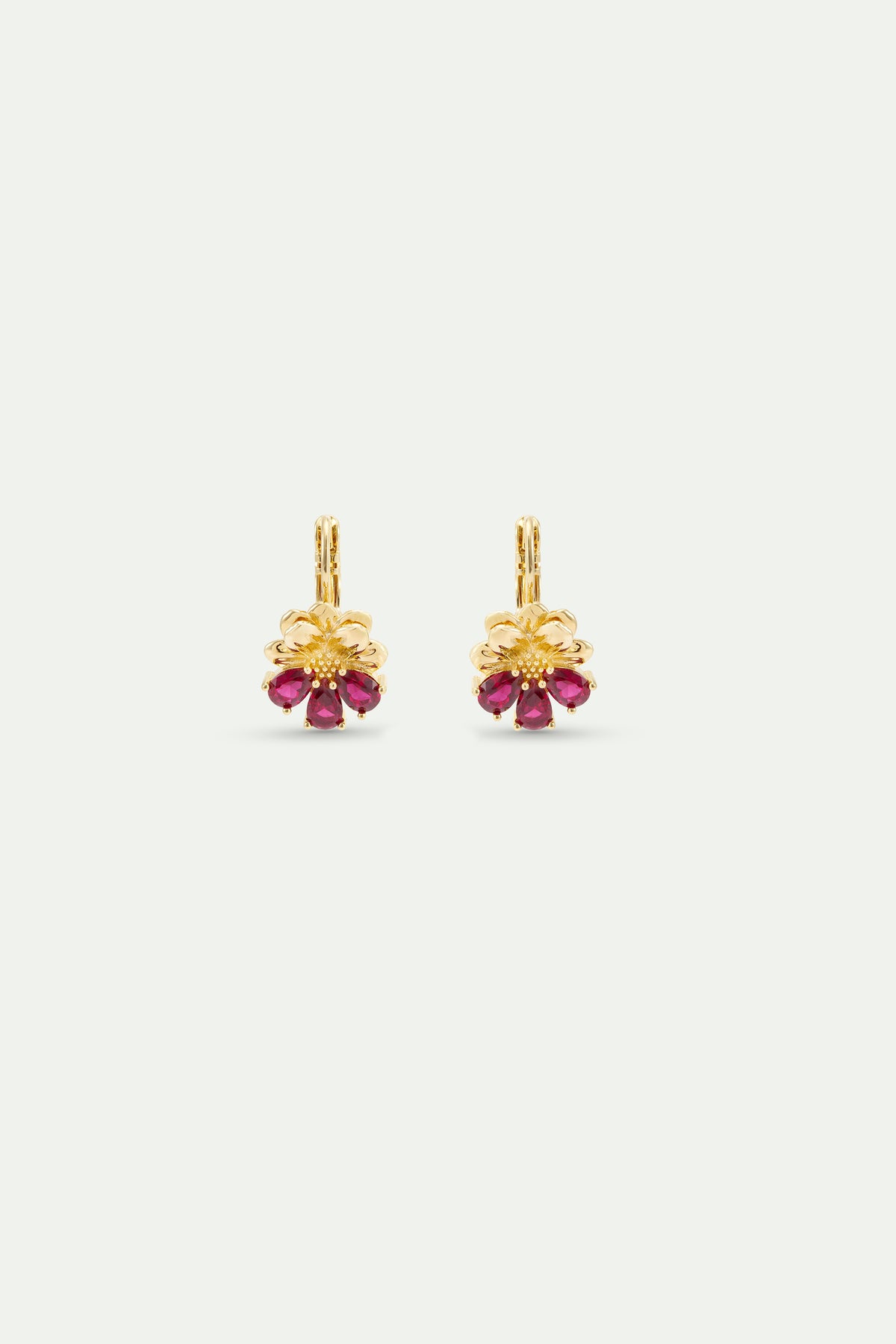 Boucles d'oreilles dormeuses dorées cosmos et pierres rouges