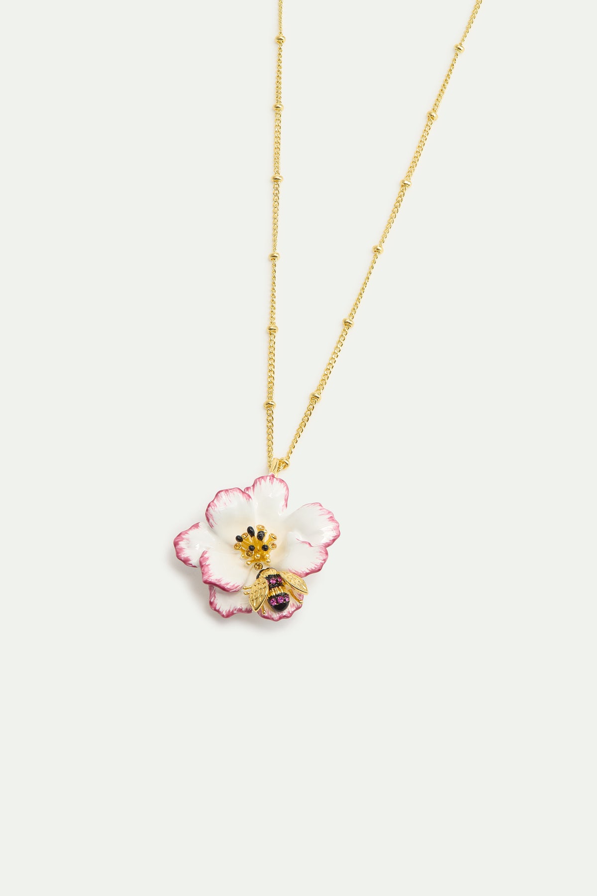 Collier pendentif cosmos blanche et rose et abeille dorée