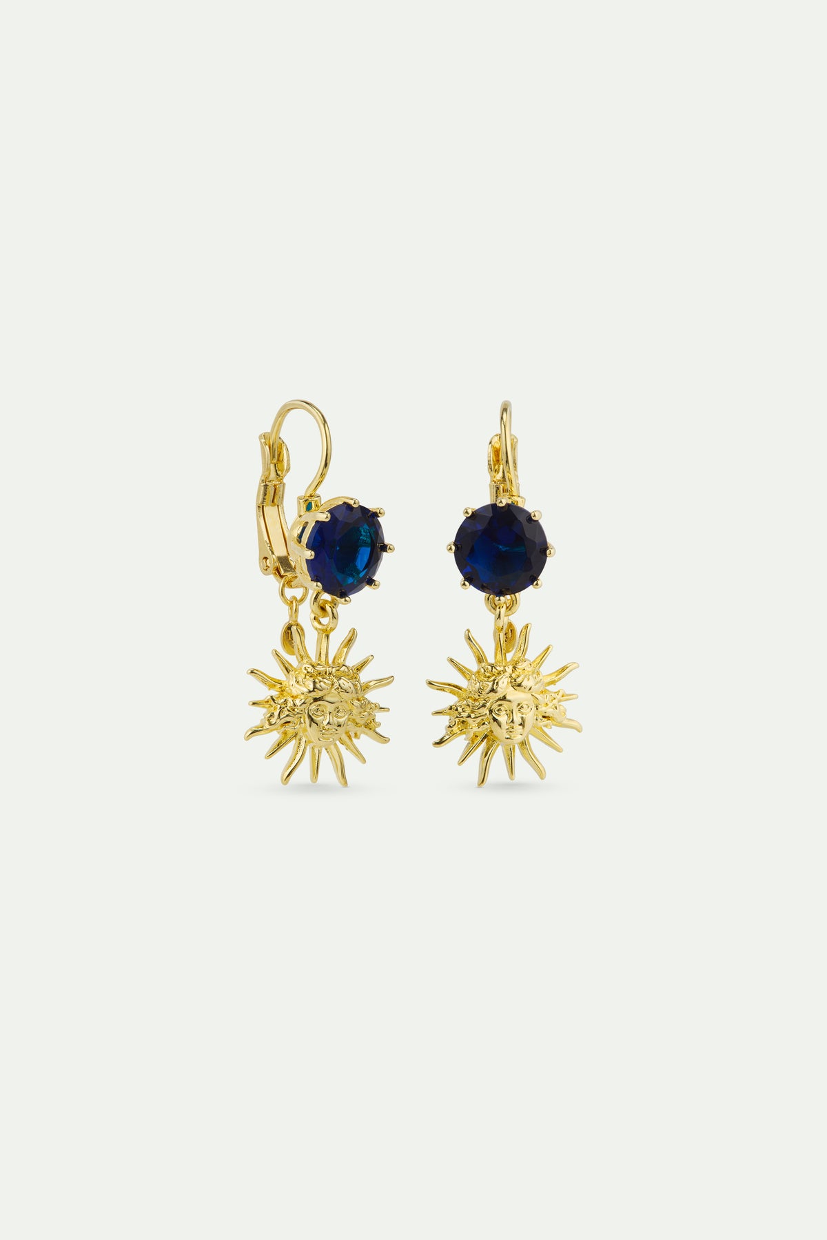 Boucles d'oreilles dormeuses roi soleil doré et pierre ronde bleue