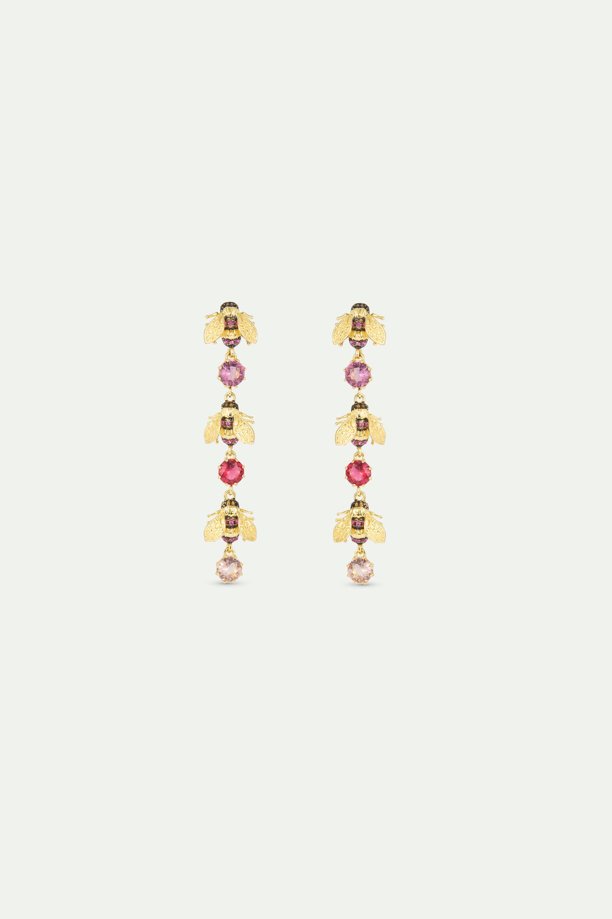 Boucles d'oreilles pendantes abeilles dorées et pierres rondes roses