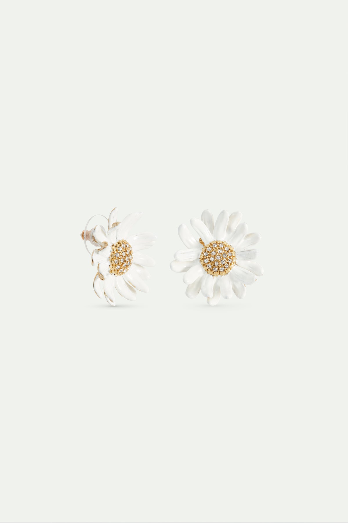 Boucles d'oreilles pâquerette blanche et dorée, cœur pavé