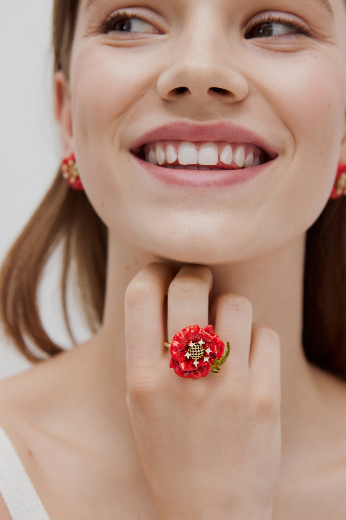 Bague ajustable coquelicot rouge et oxydes de ziconium